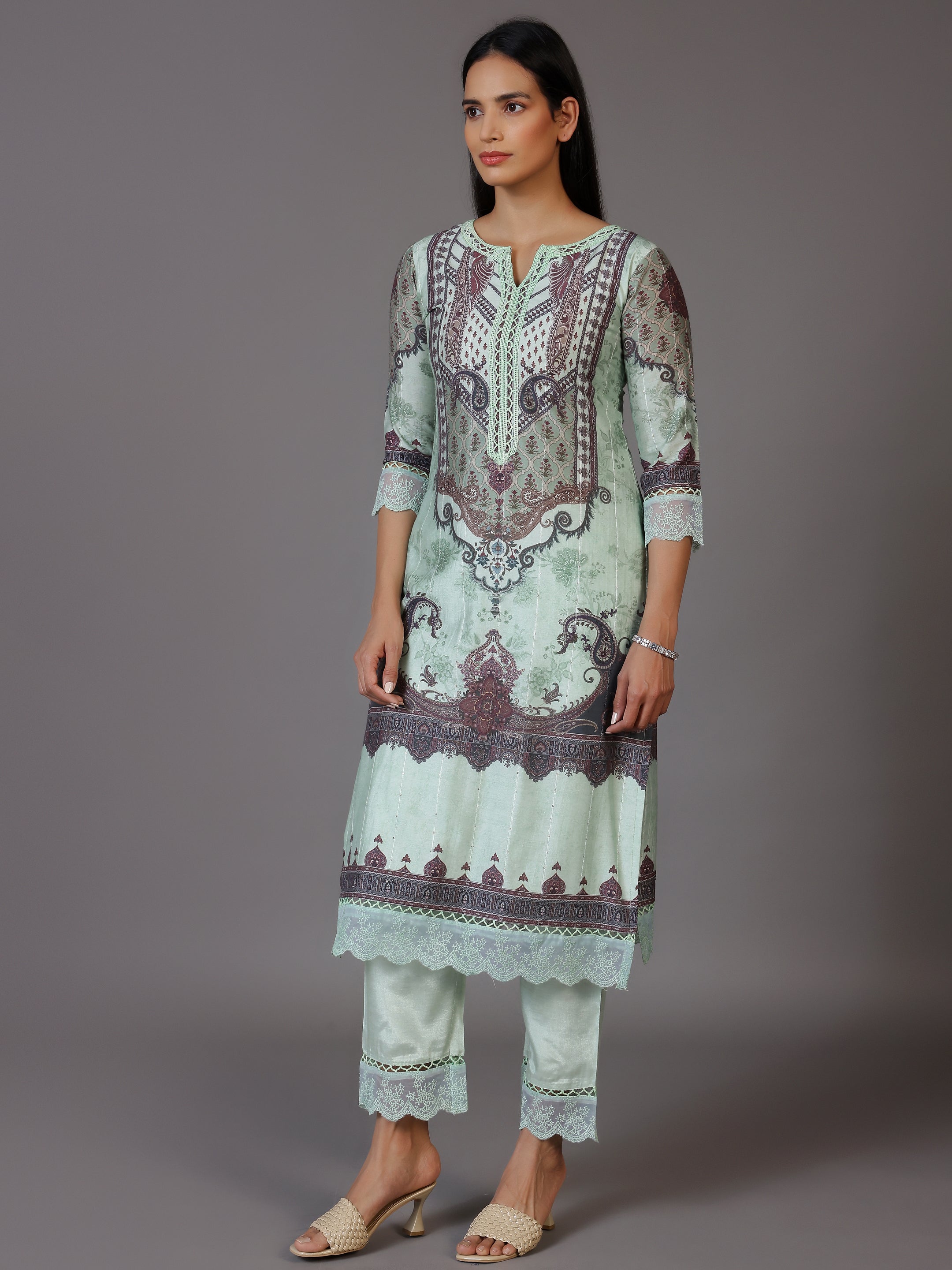 Green Printed Silk Blend Straight Suit With Dupatta