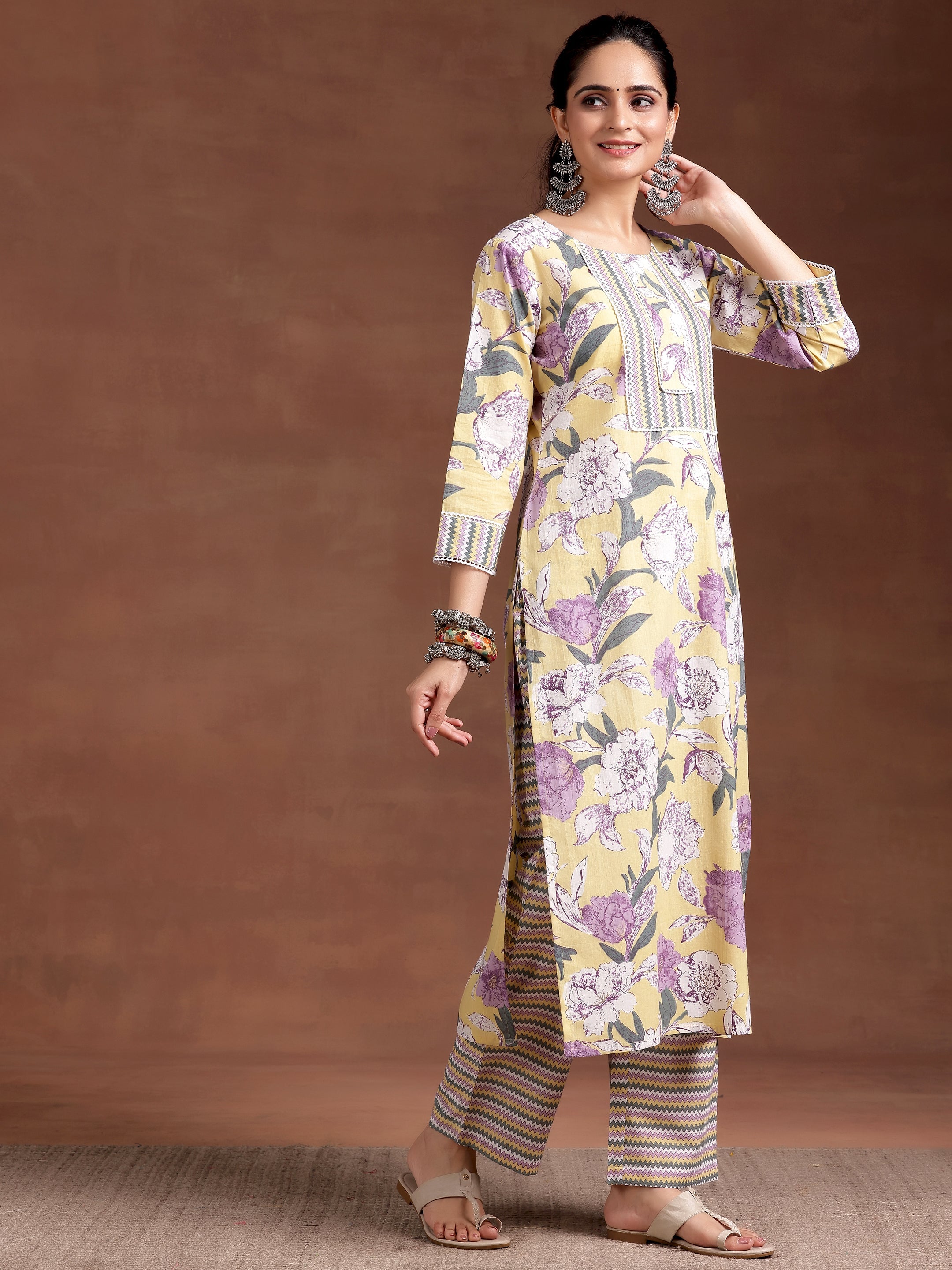 Yellow Printed Cotton Straight Kurta Set