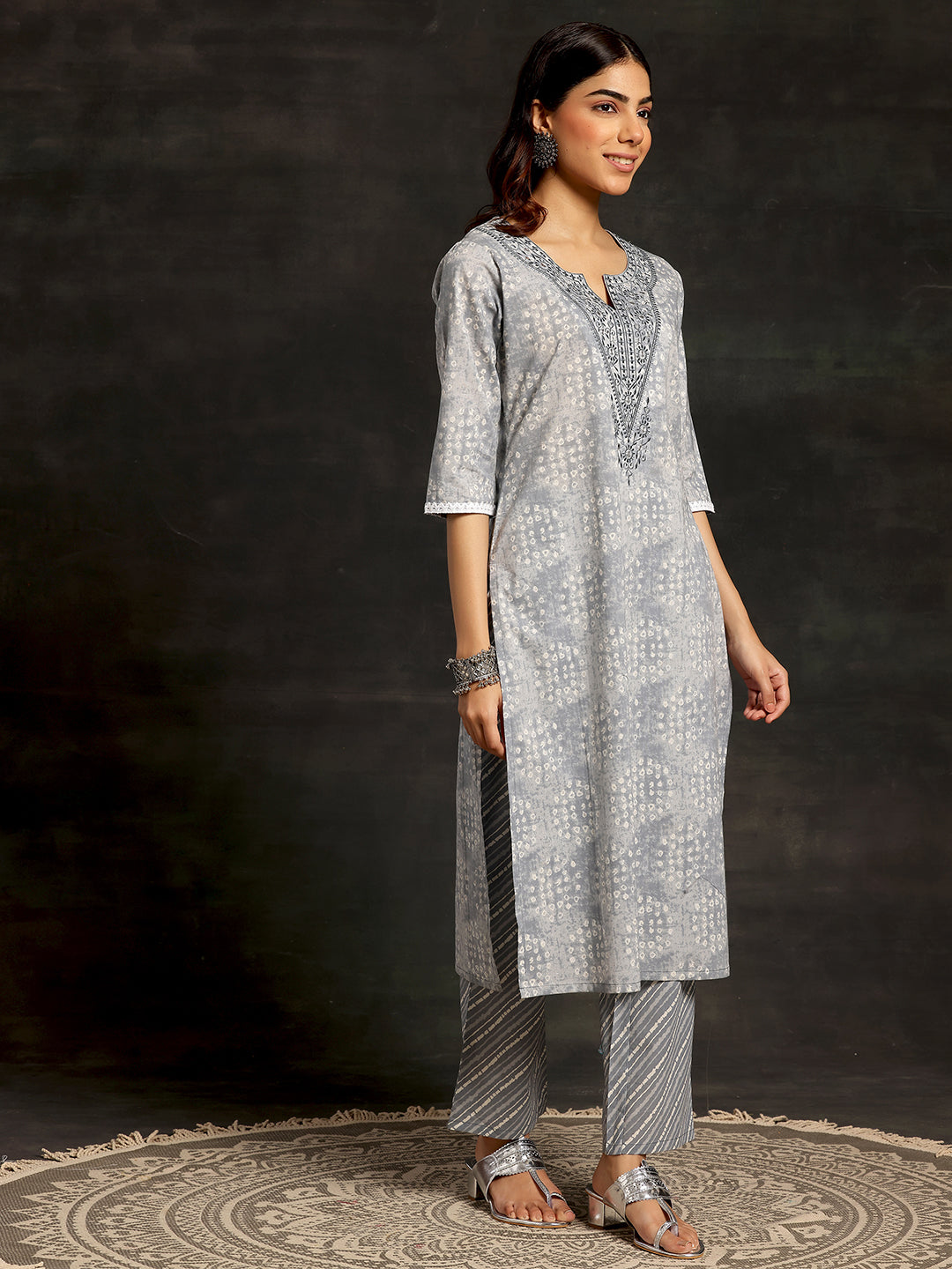 Grey Printed Cotton Straight Suit With Dupatta