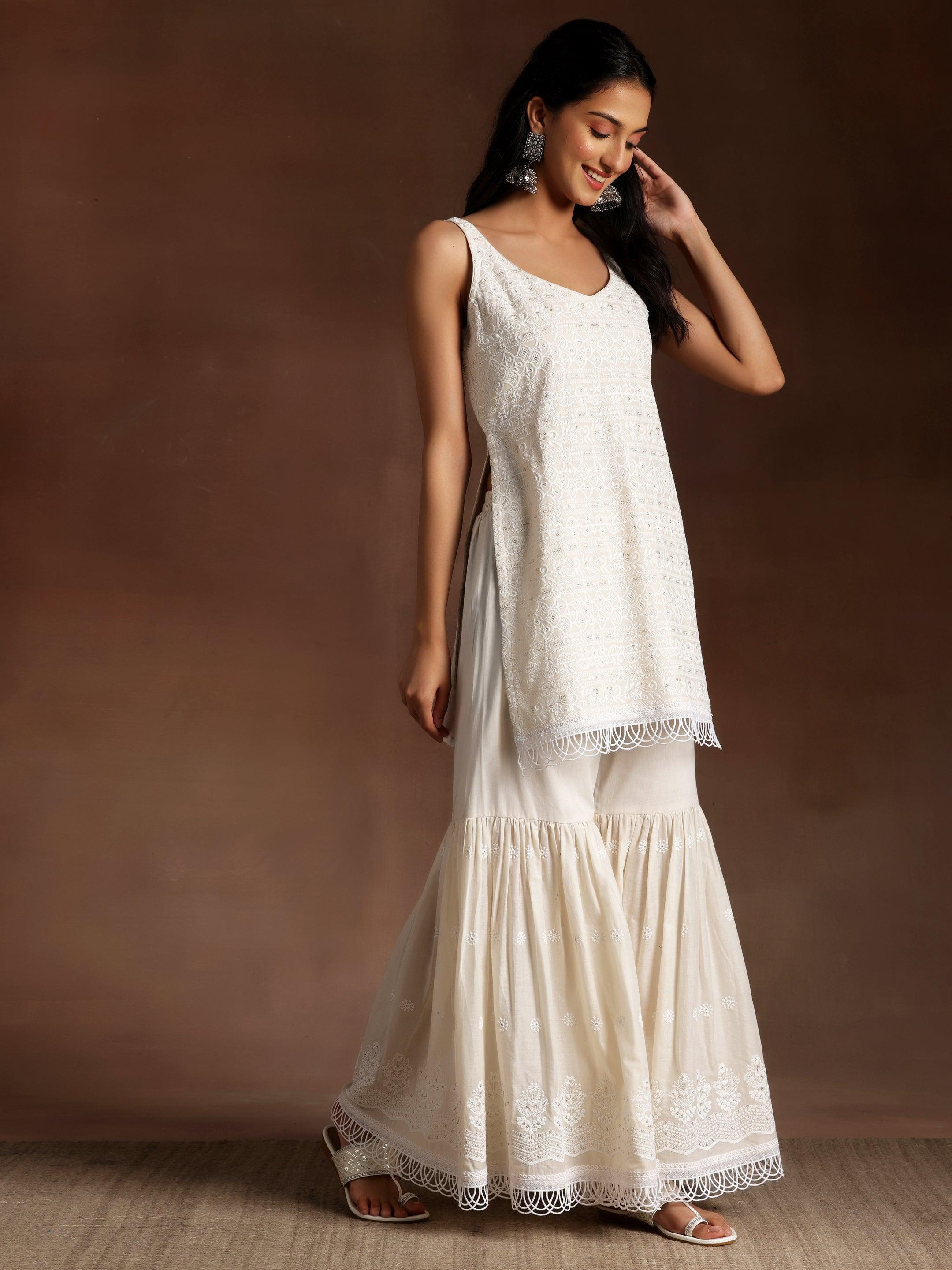 Off White Embroidered Cotton Straight Suit With Dupatta