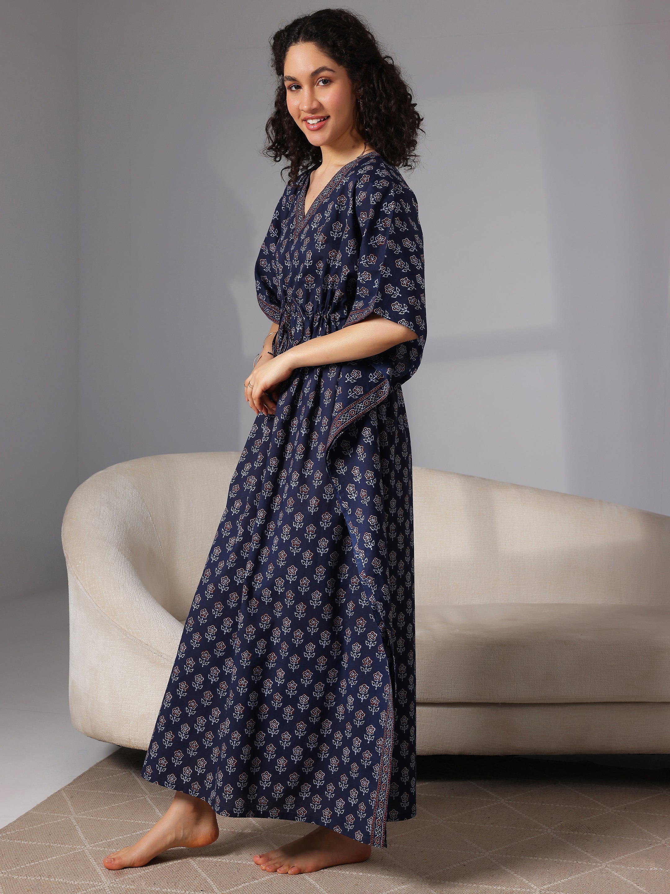 Navy Blue Printed Cotton Kaftan Night Dress