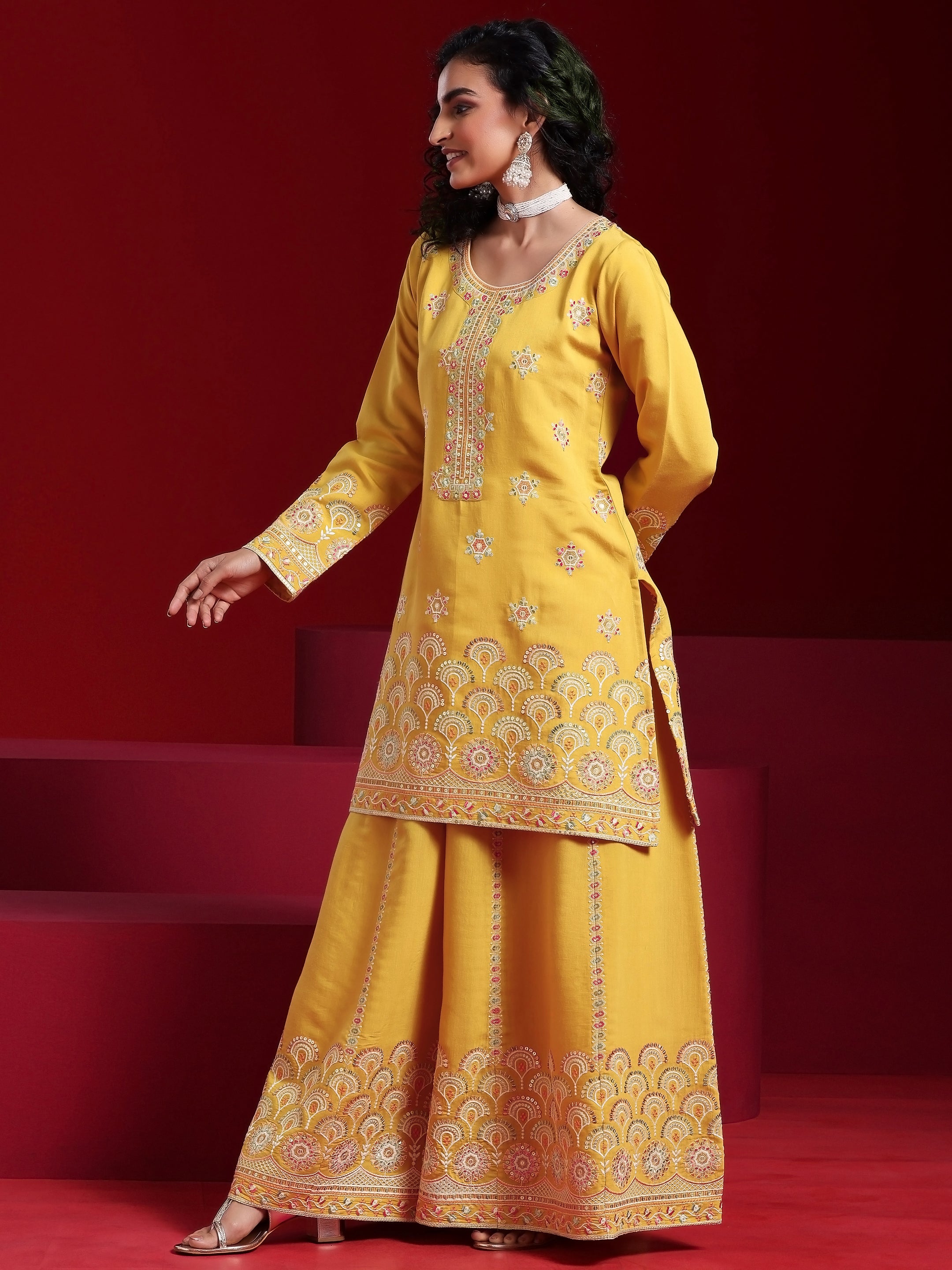 Libas Art Yellow Embroidered Silk Blend Straight Suit With Dupatta