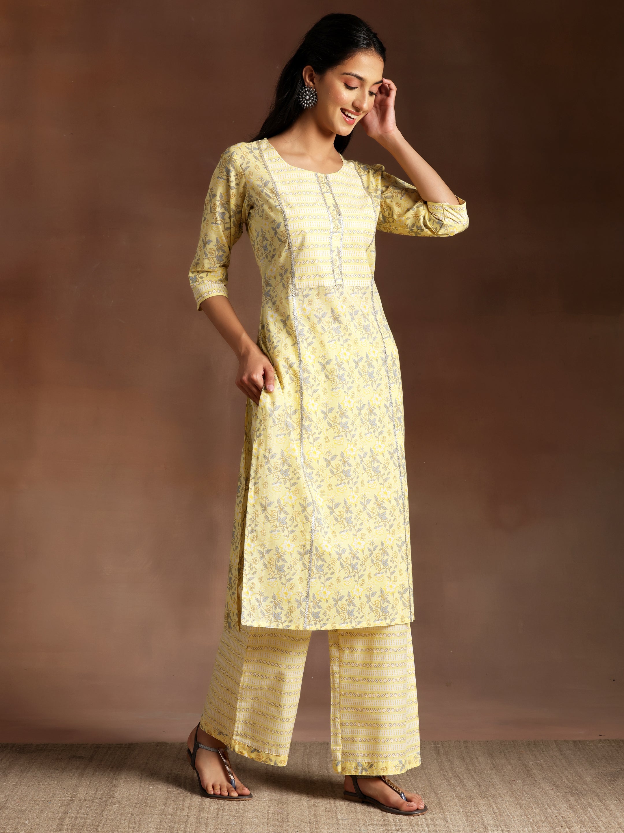 Yellow Printed Cotton Straight Suit With Dupatta