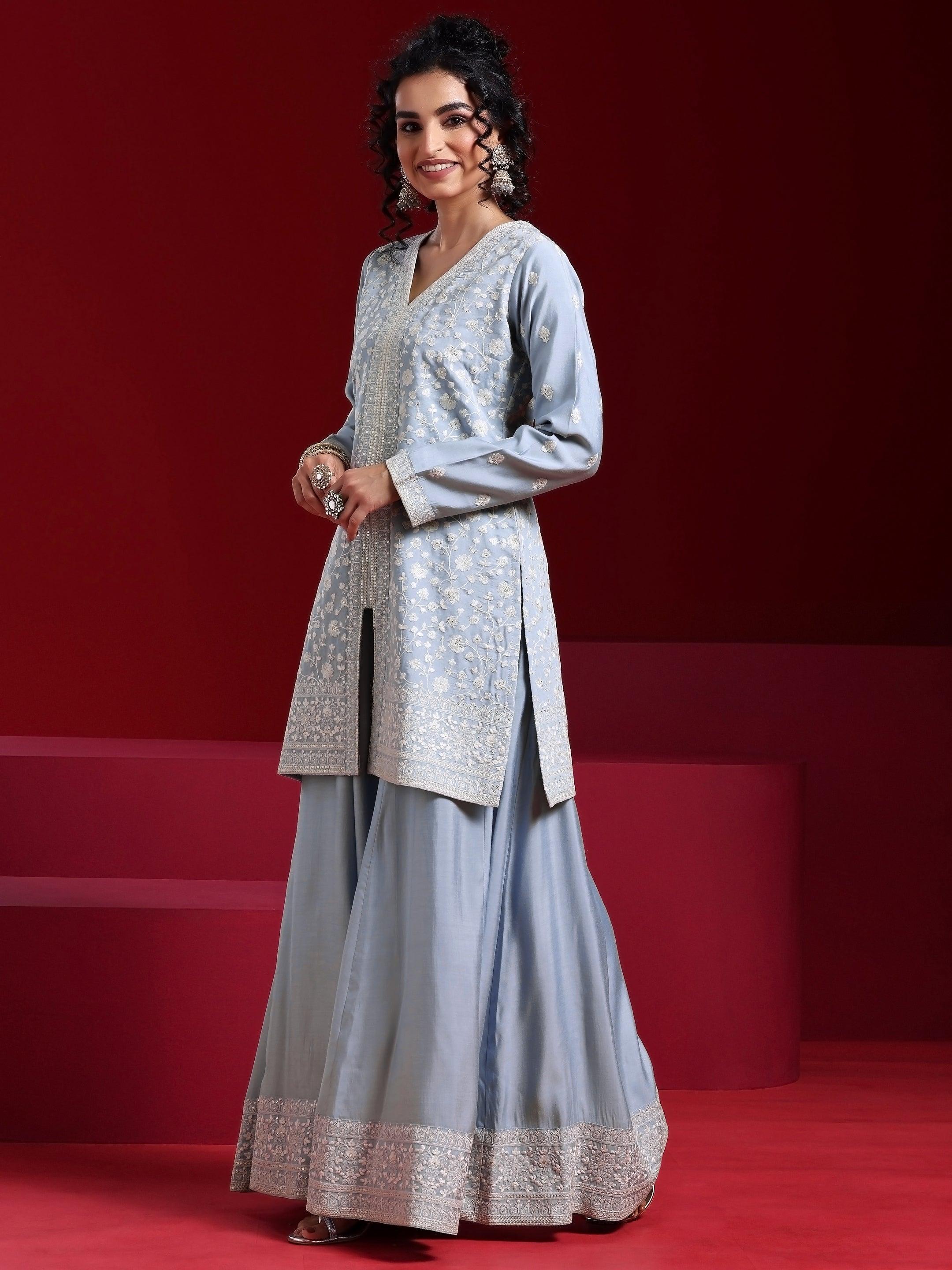 Libas Art Grey Embroidered Silk Blend Straight Suit With Dupatta