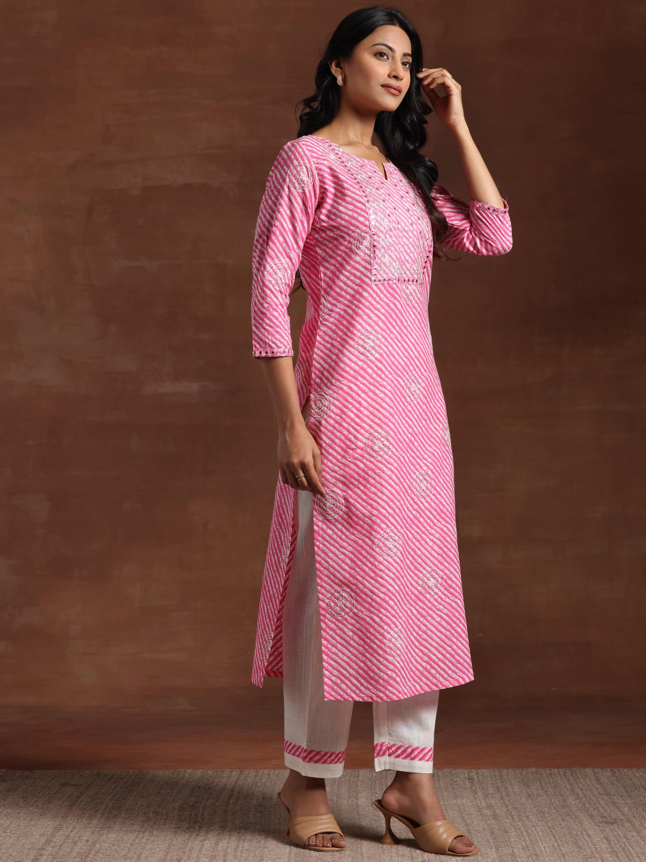 Pink Printed Cotton Straight Kurta Set