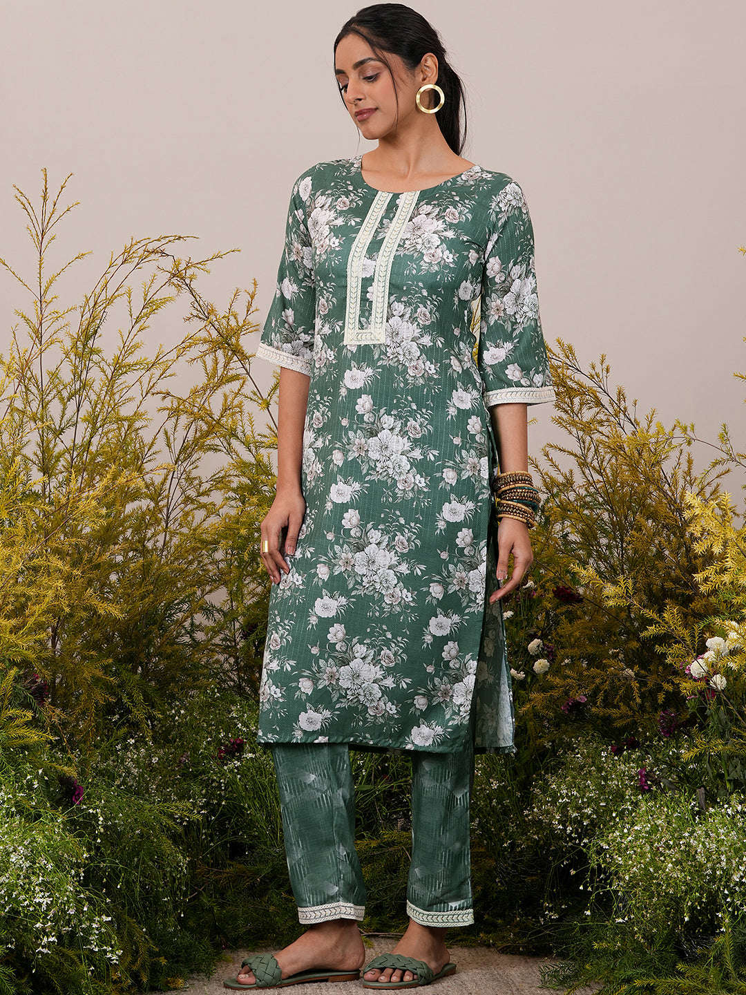 Green Printed Cotton Straight Kurta With Palazzos & Dupatta - ShopLibas