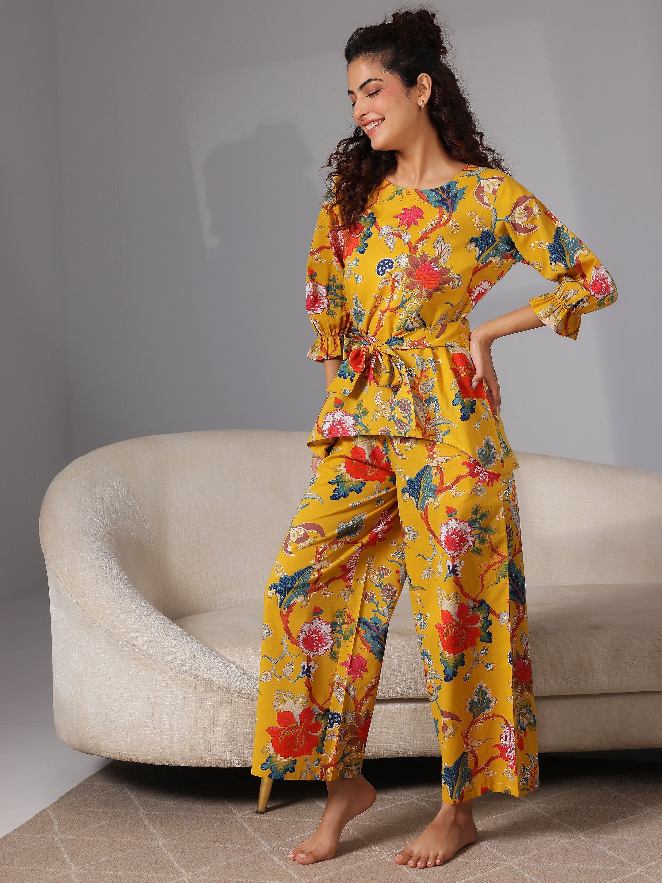 Mustard Printed Cotton Night Suits