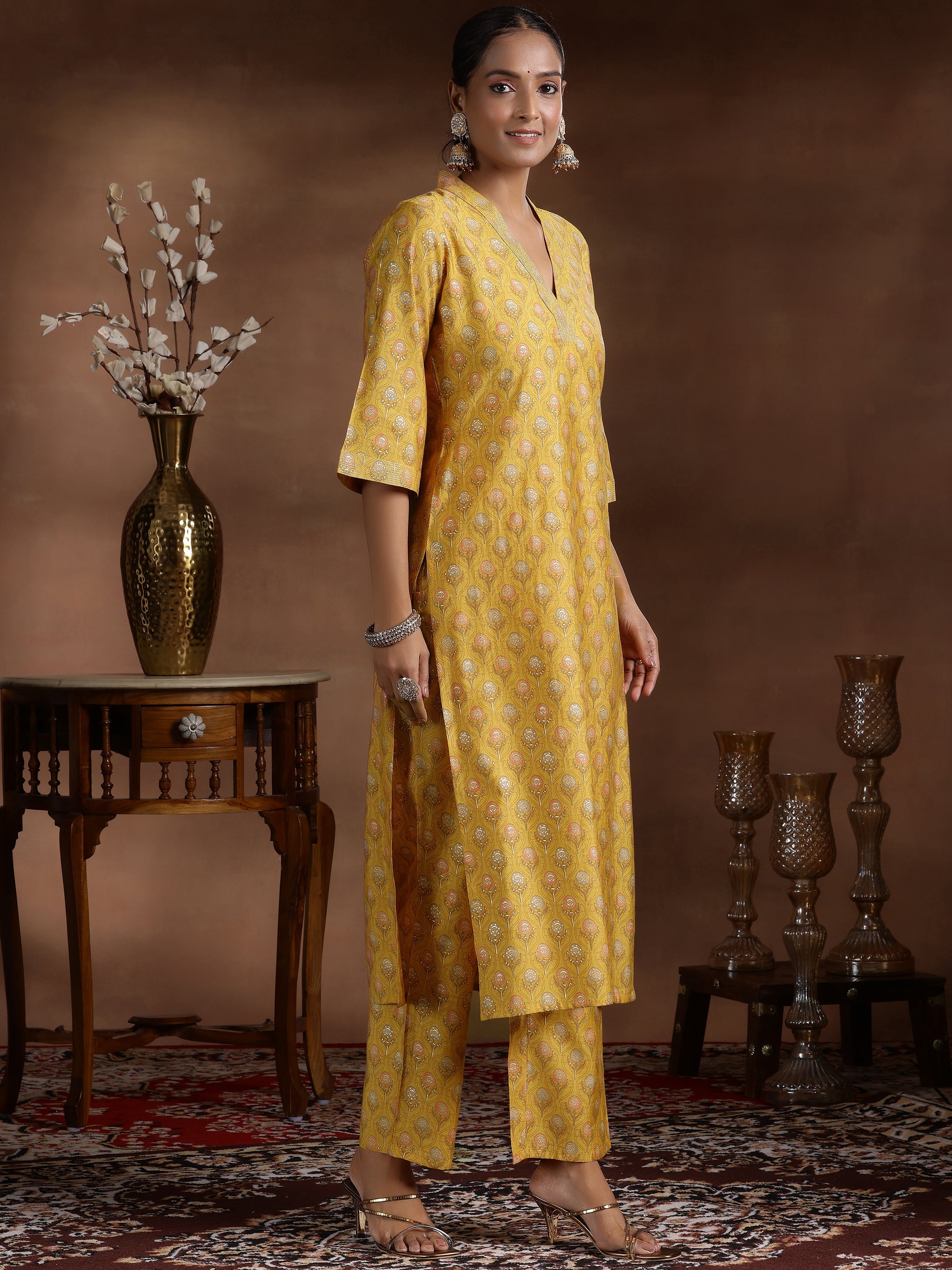 Mustard Printed Silk Blend Straight Suit With Dupatta