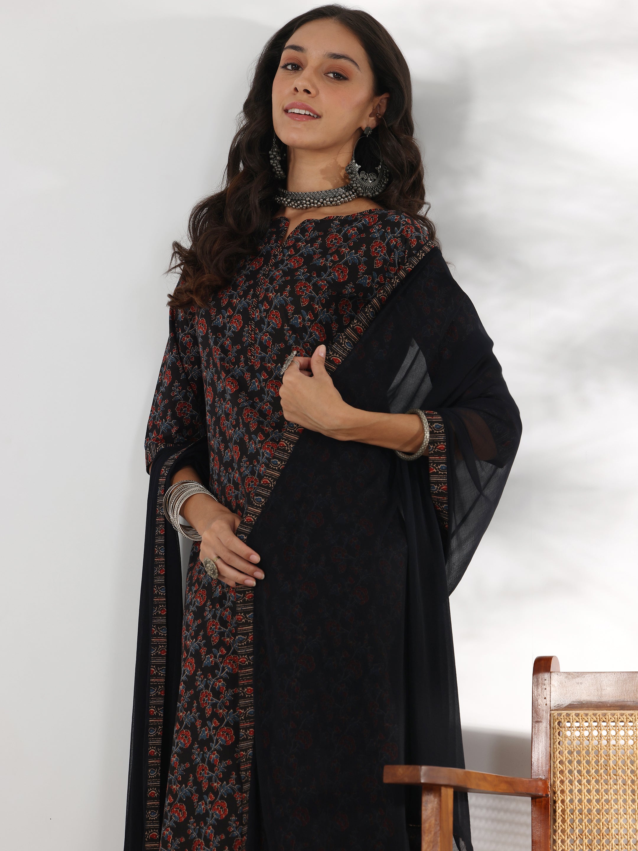 Black Printed Cotton Straight Suit With Dupatta