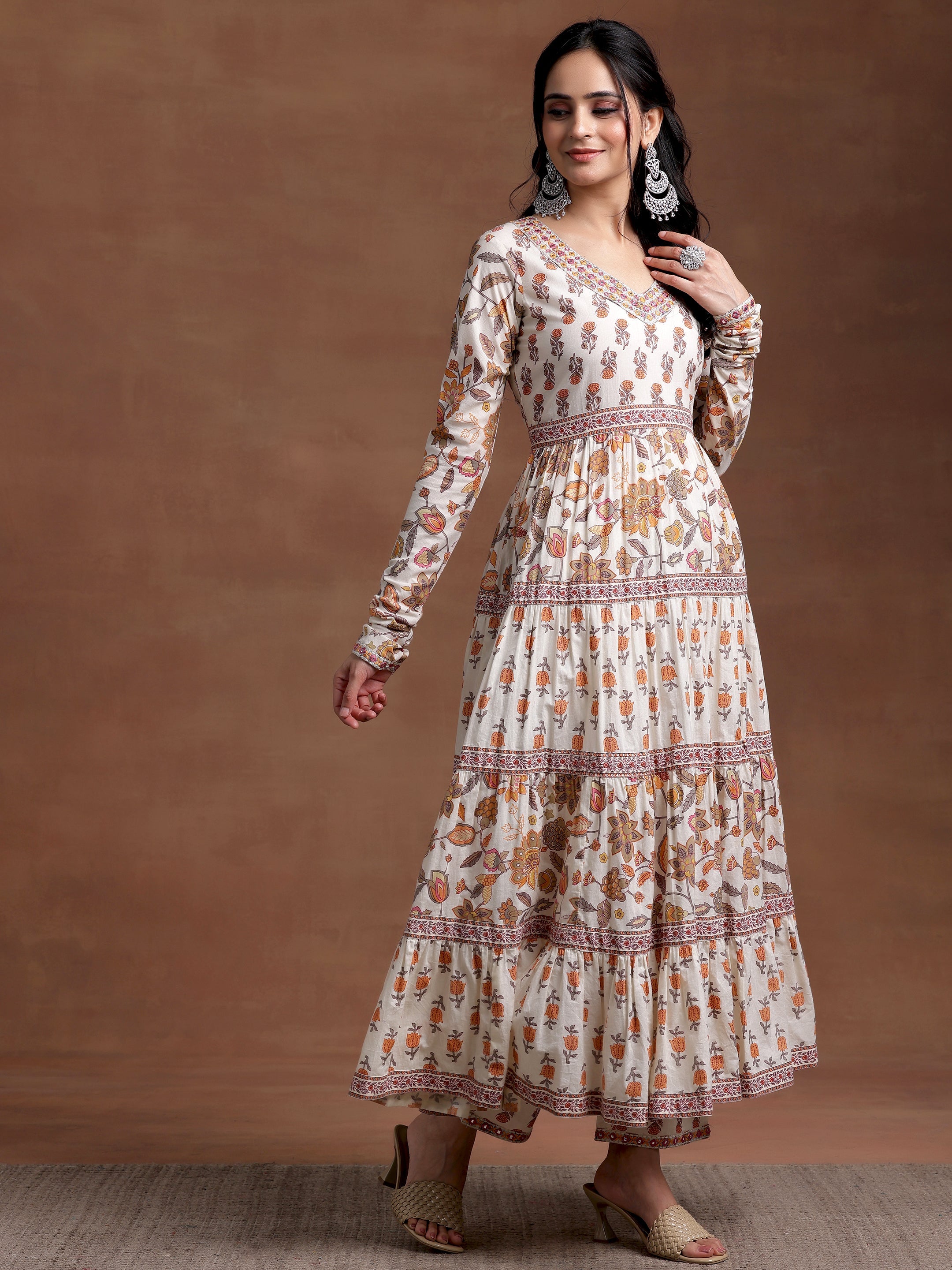 Off white Printed Cotton A-Line Kurta With Palazzos & Dupatta