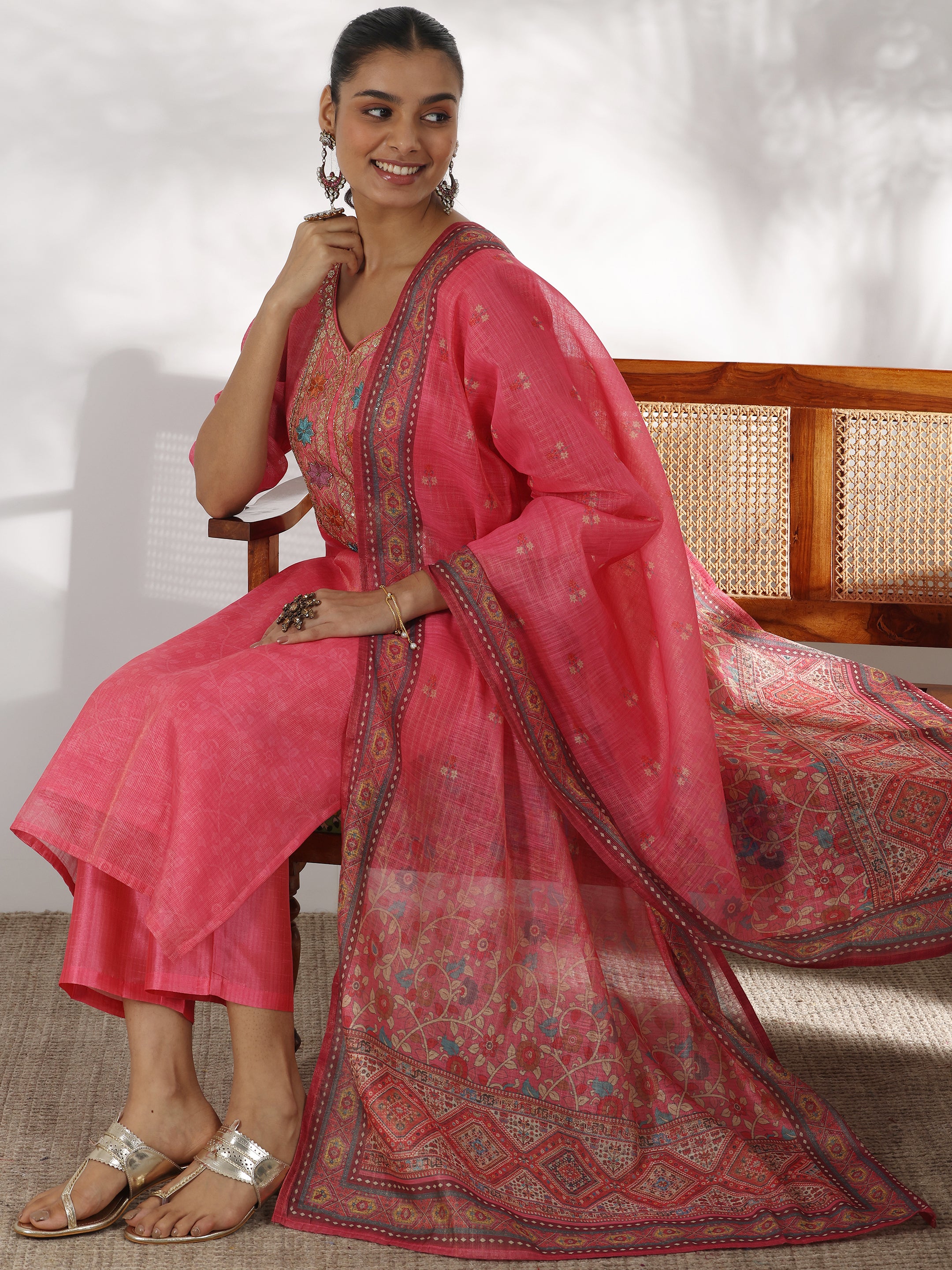 Pink Yoke Design Silk Blend Straight Suit With Dupatta