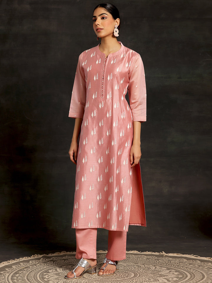 Peach Embroidered Chanderi Silk Straight Suit With Dupatta