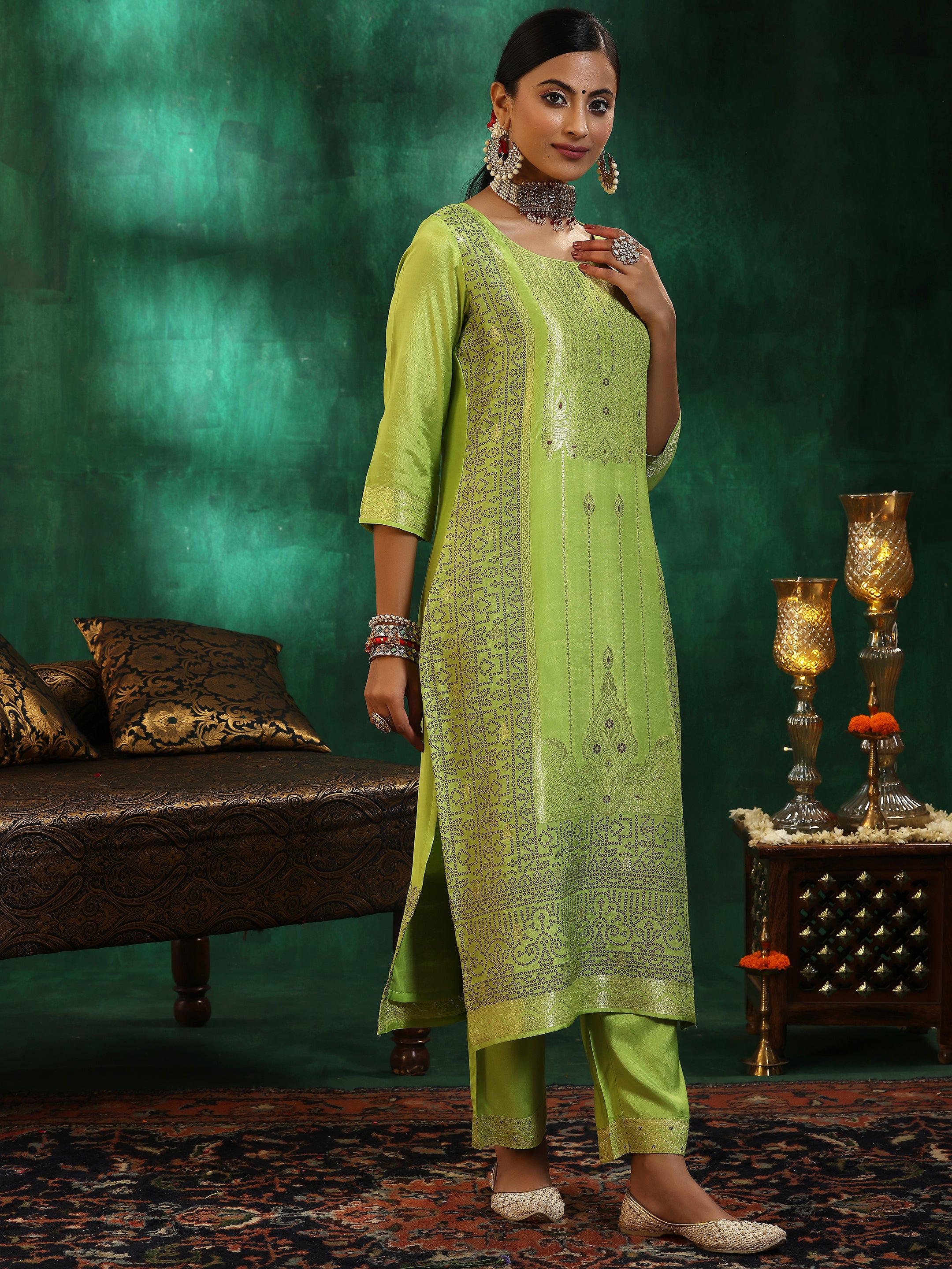 Green Woven Design Silk Blend Straight Suit With Dupatta