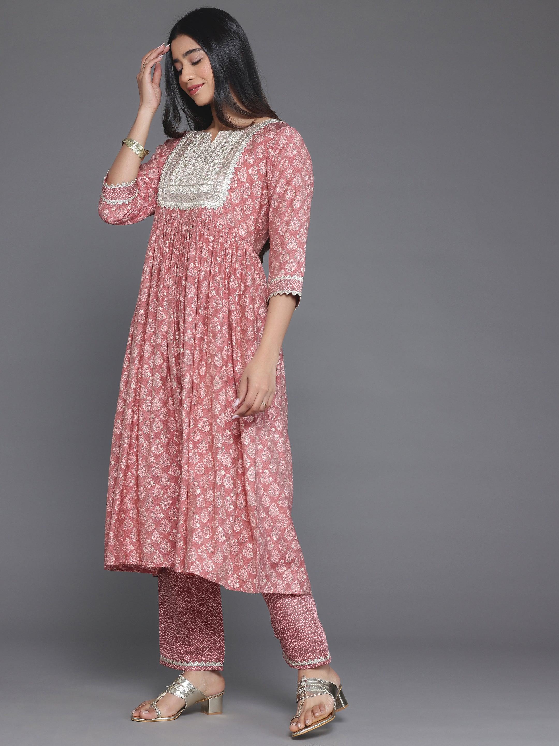 Mauve Printed Silk Blend A-Line Kurta With Palazzos