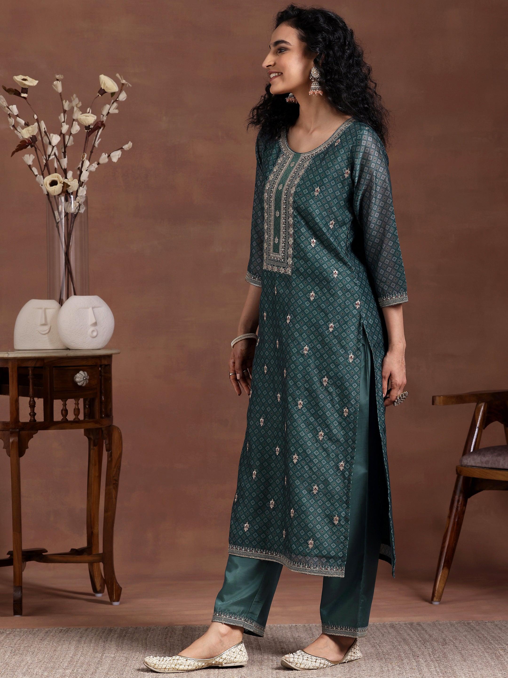 Teal Printed Silk Blend Straight Suit With Dupatta