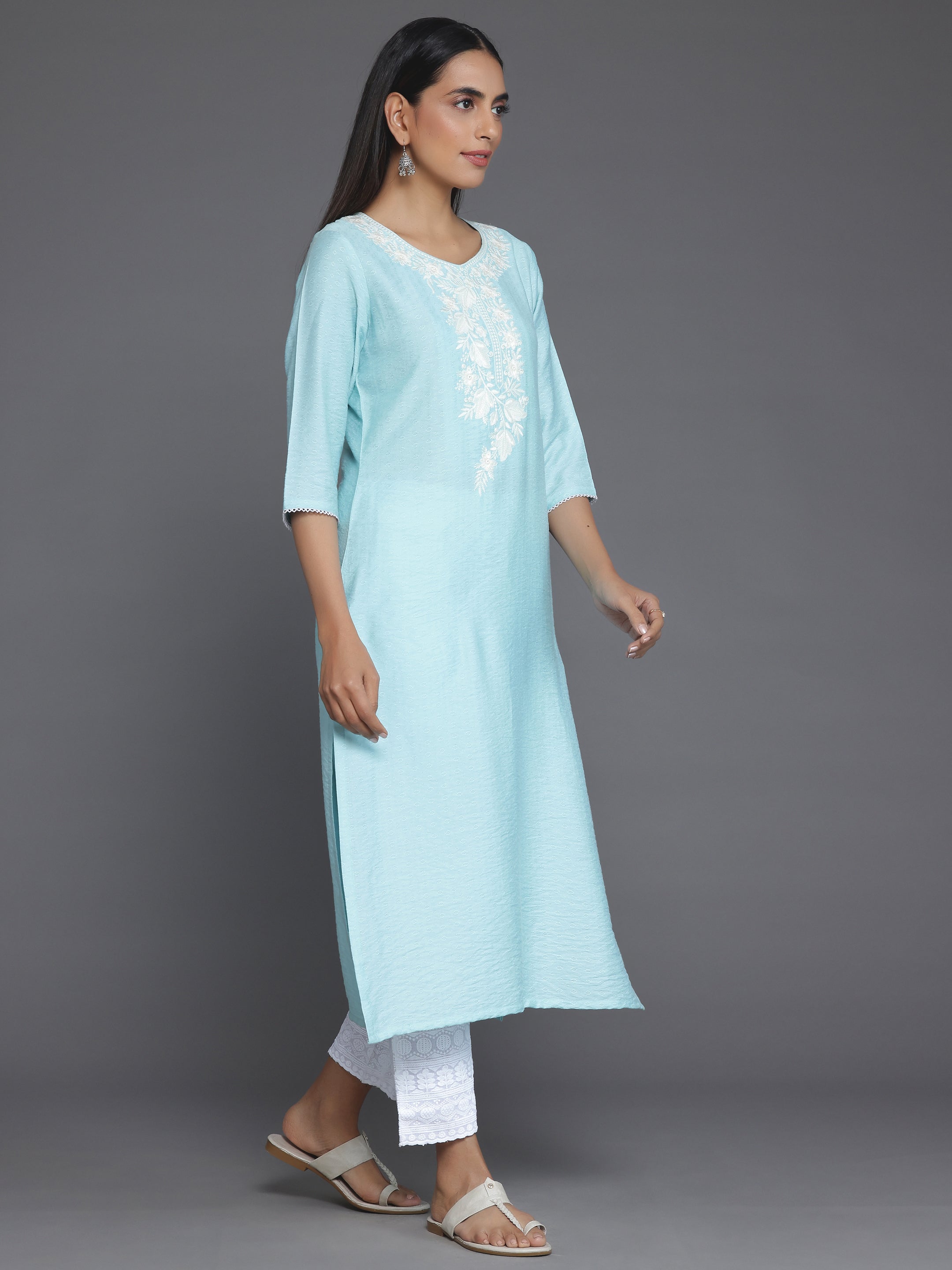 Blue Yoke Design Silk Straight Kurta