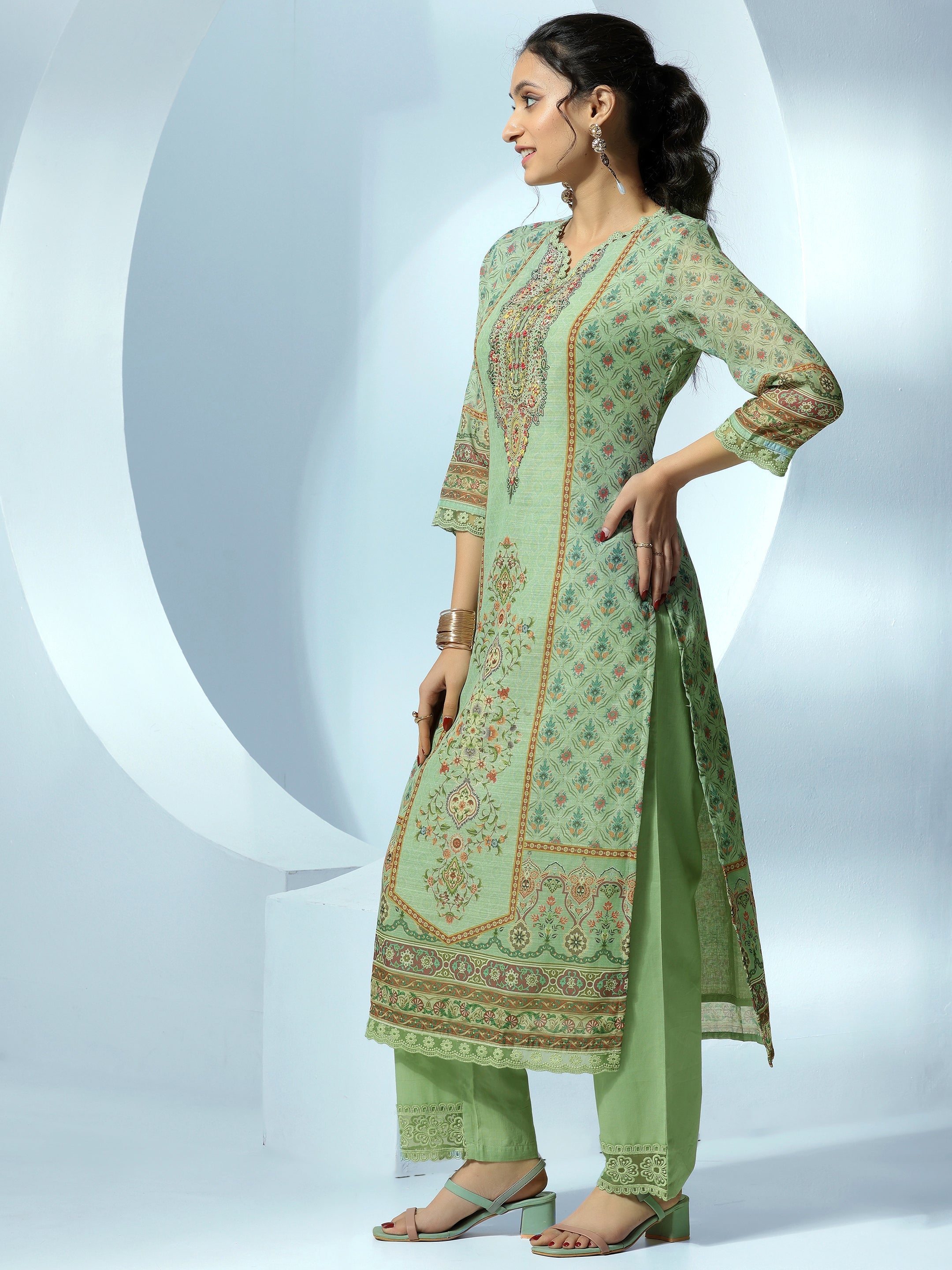 Green Printed Linen Straight Suit With Dupatta