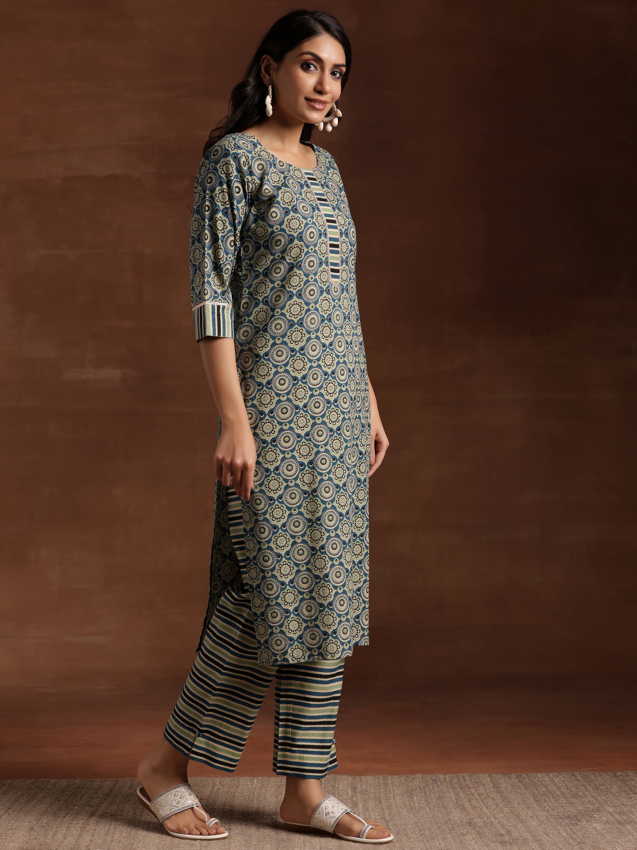 Blue Printed Cotton Straight Suit With Dupatta