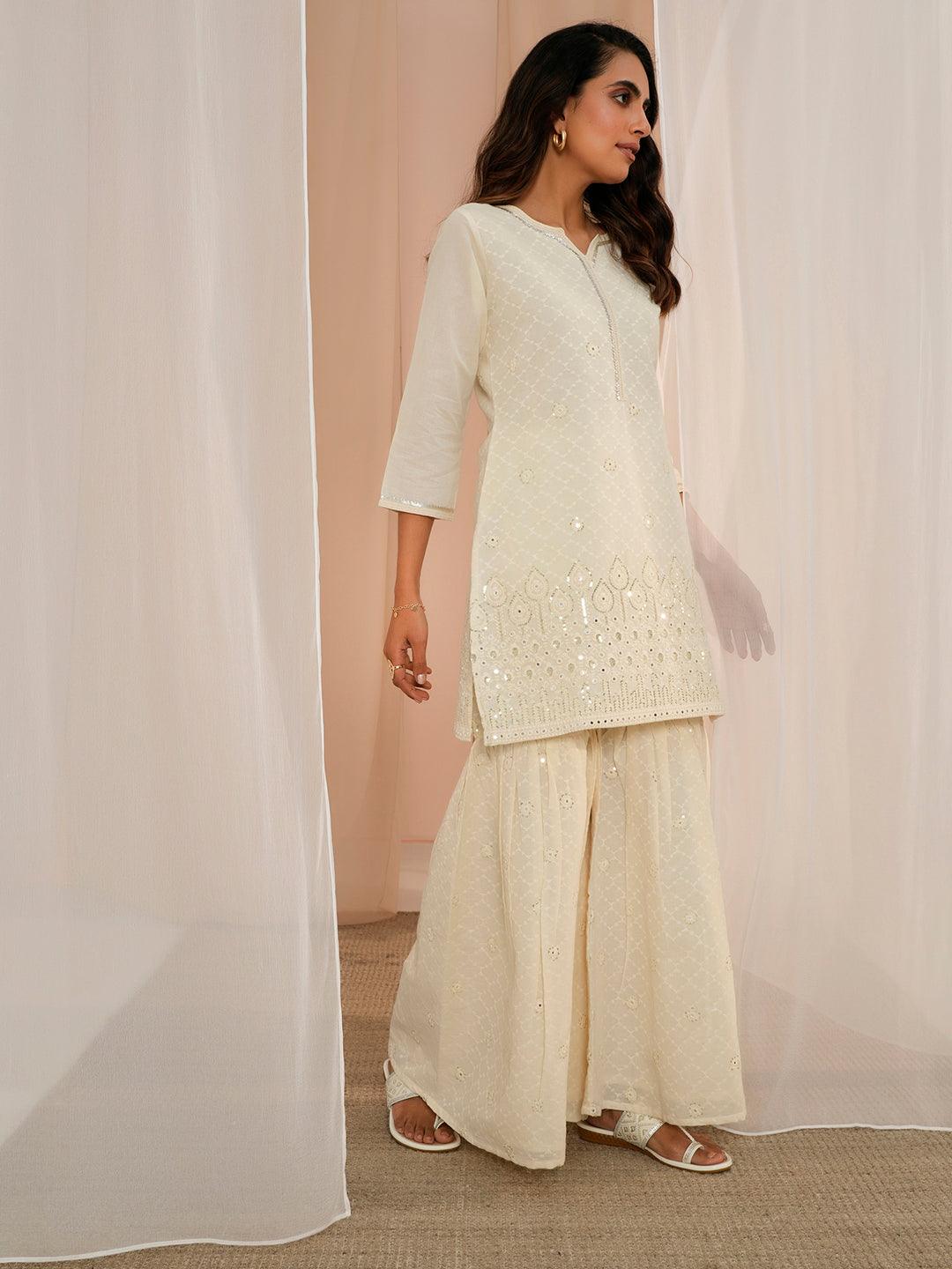 Off White Embroidered Cotton Straight Suit With Dupatta