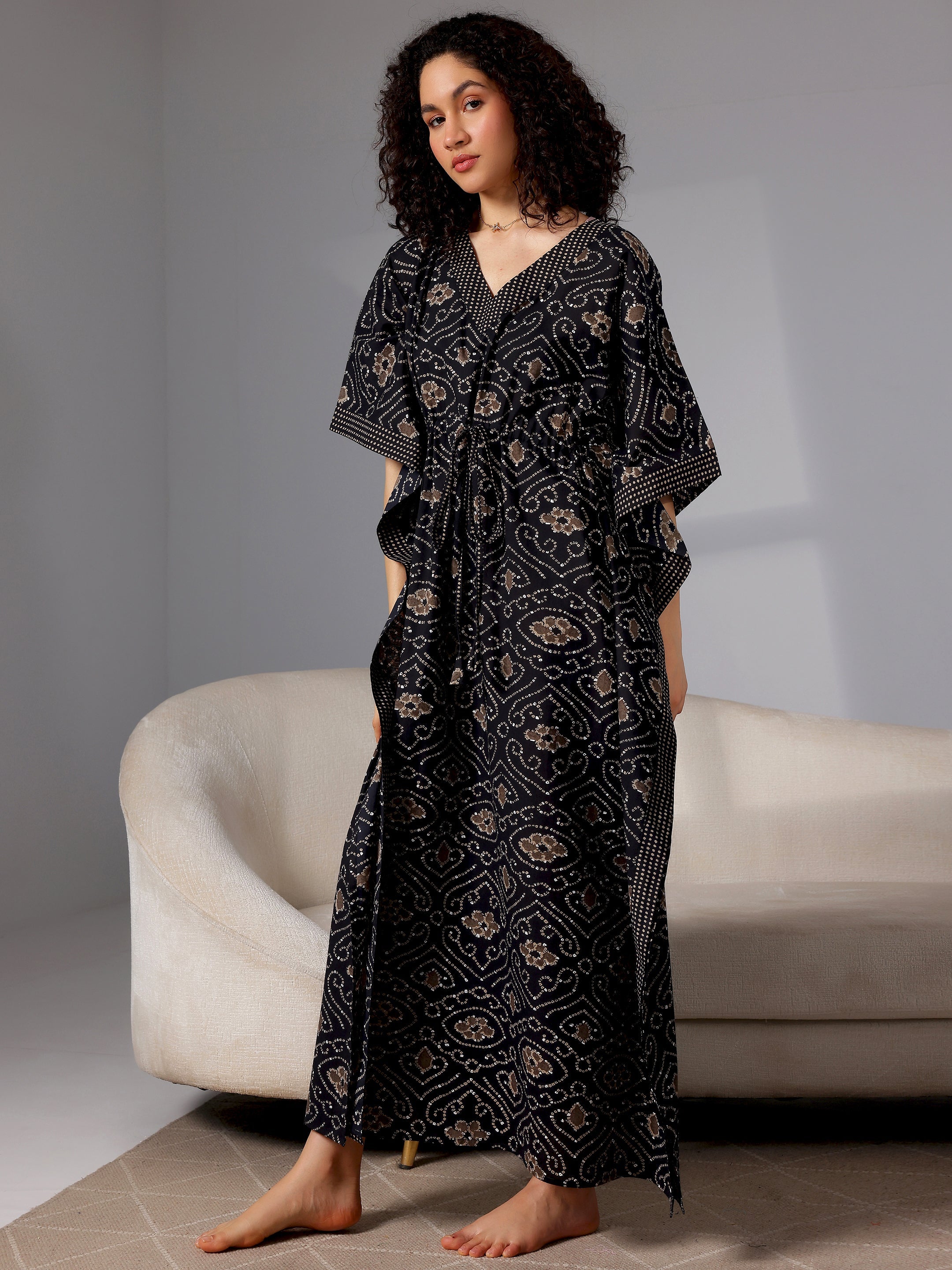 Black Printed Cotton Kaftan Night Dress