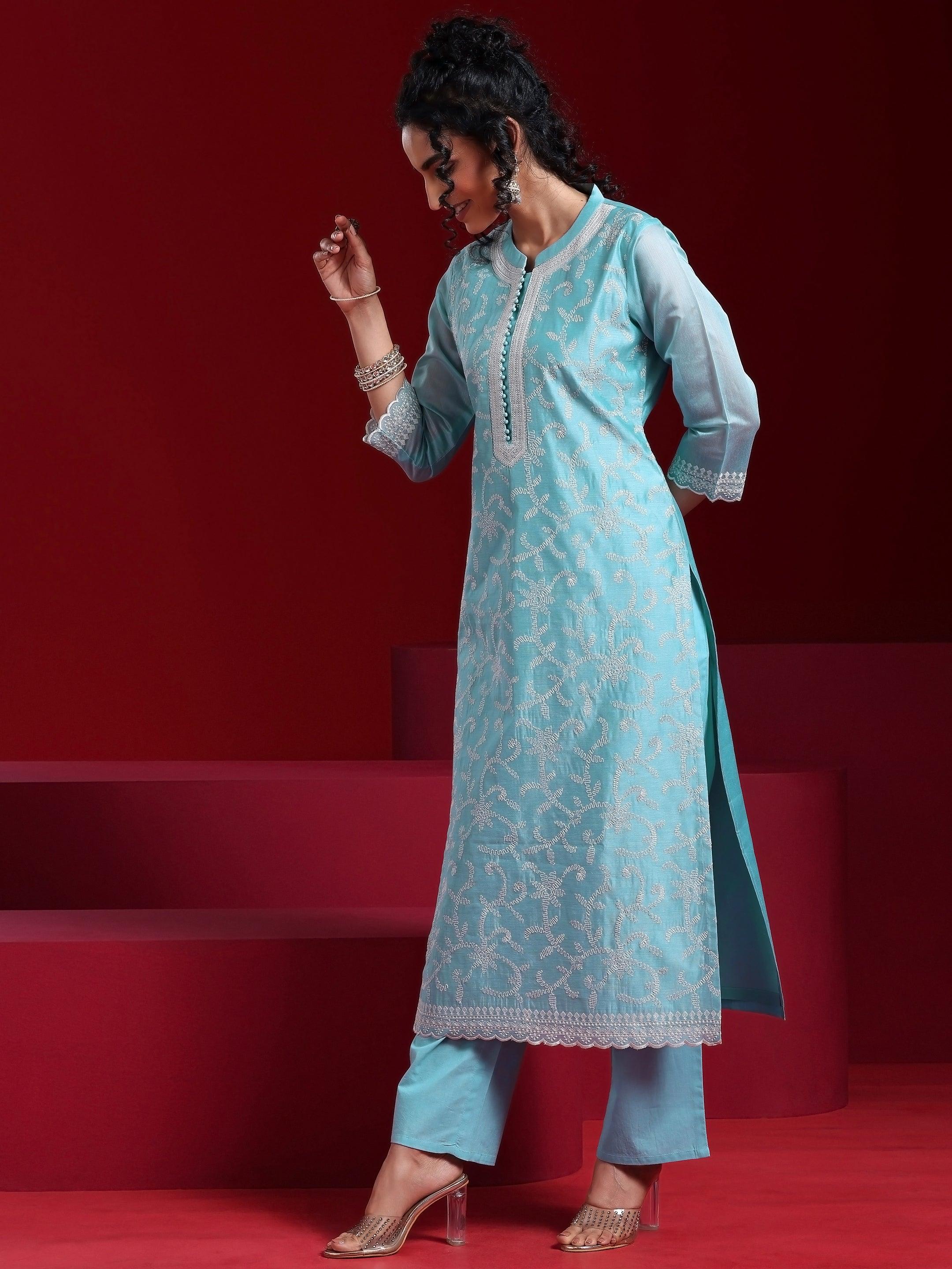 Libas Art Blue Embroidered Chanderi Silk Straight Suit With Dupatta