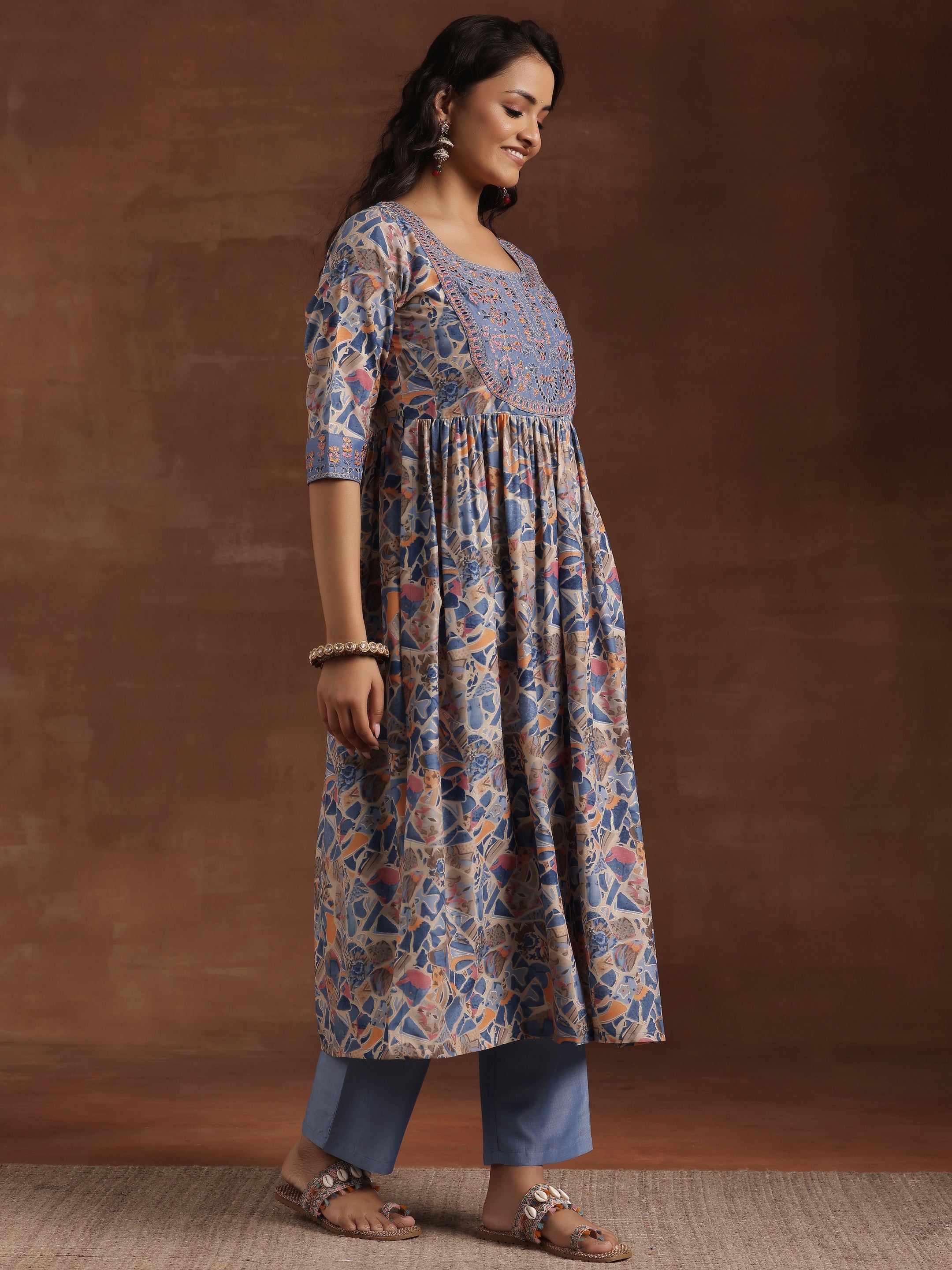 Blue Printed Silk Blend A-Line Kurta With Trousers & Dupatta