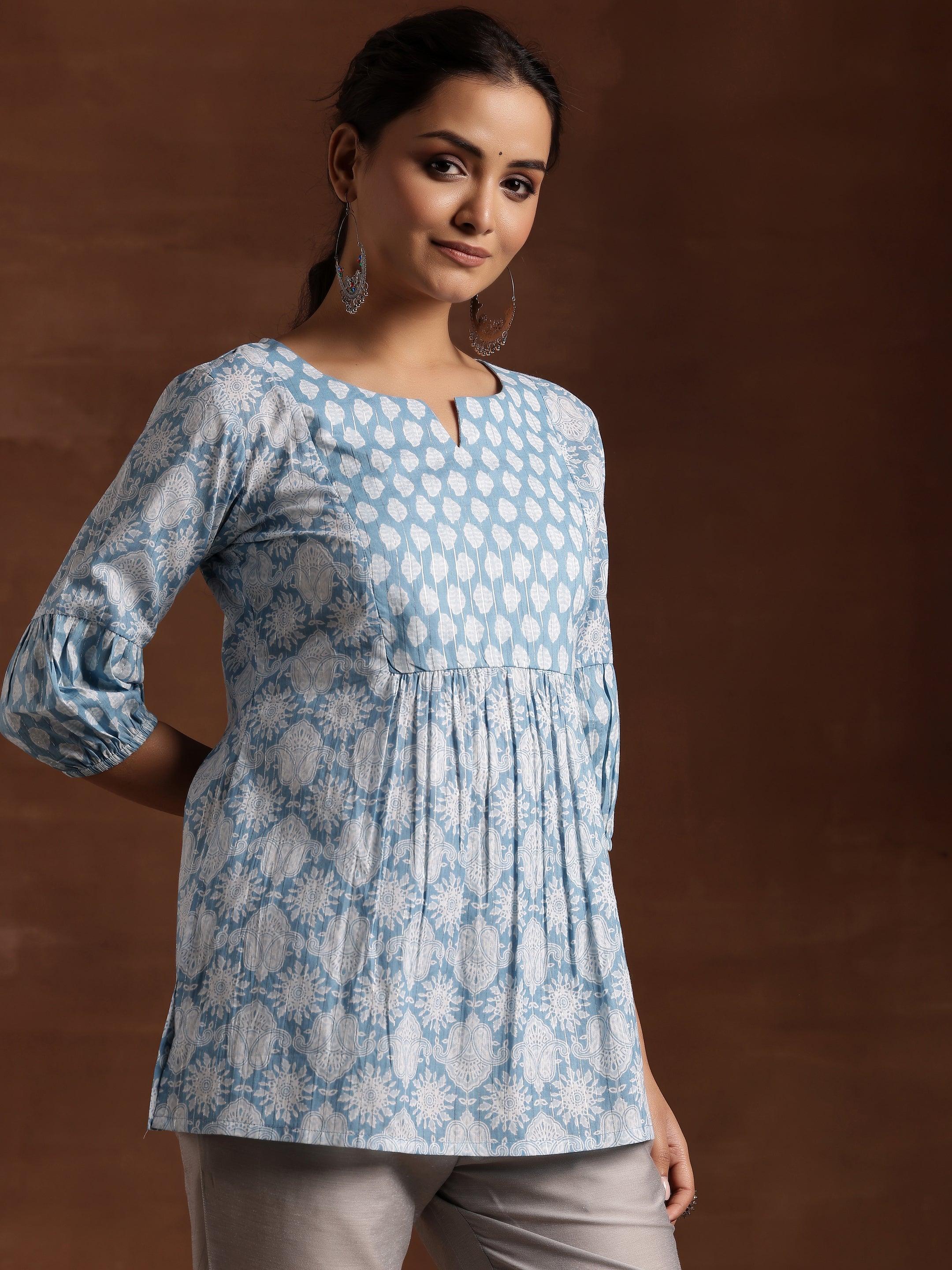 Blue Printed Cotton Straight Kurti