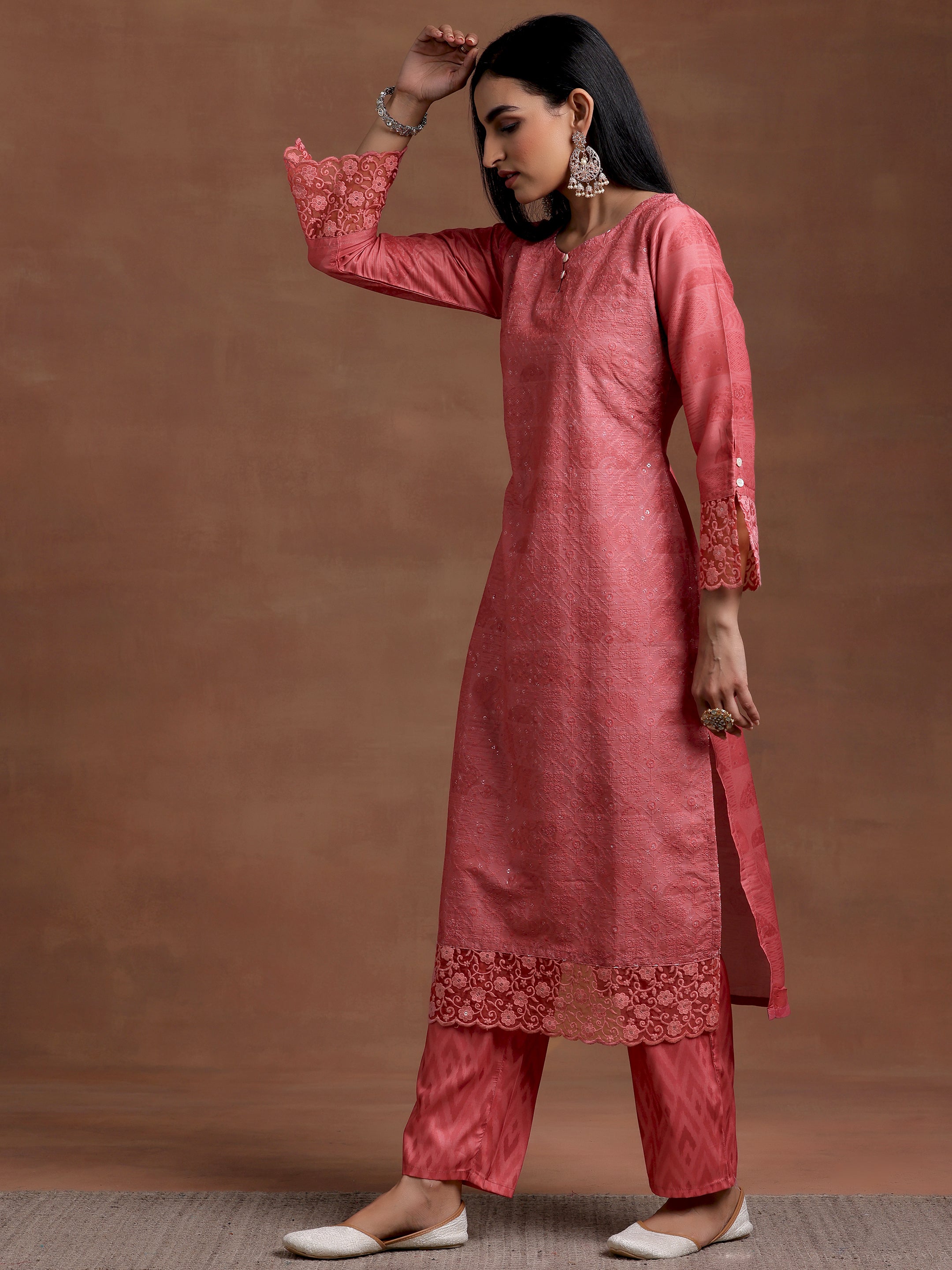 Peach Embroidered Silk Blend Straight Suit With Dupatta