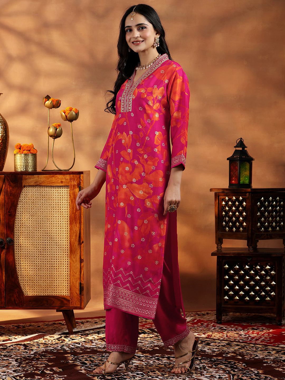 Pink Printed Silk Blend Straight Suit With Dupatta