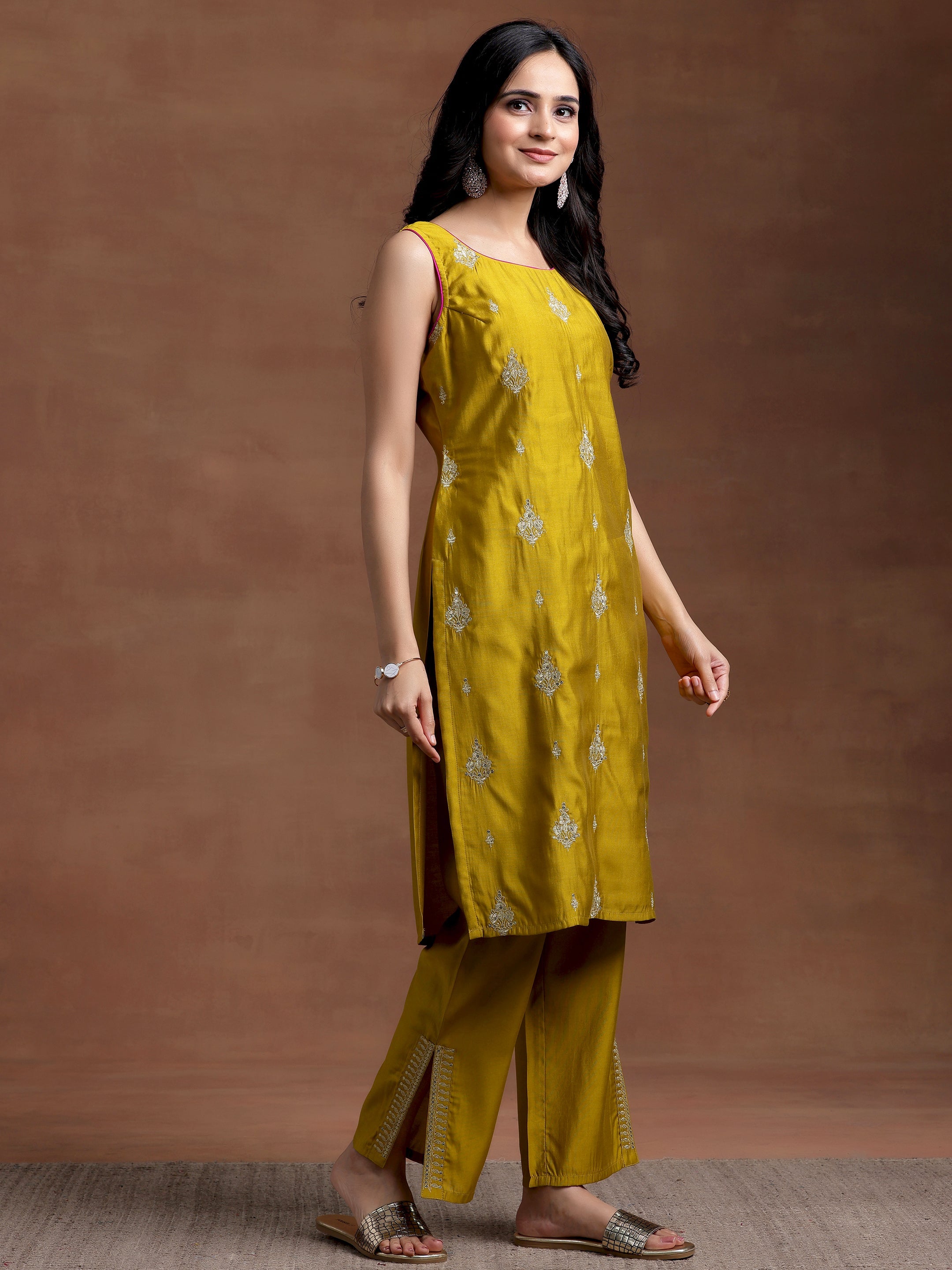 Mustard Embroidered Silk Blend Straight Suit With Dupatta