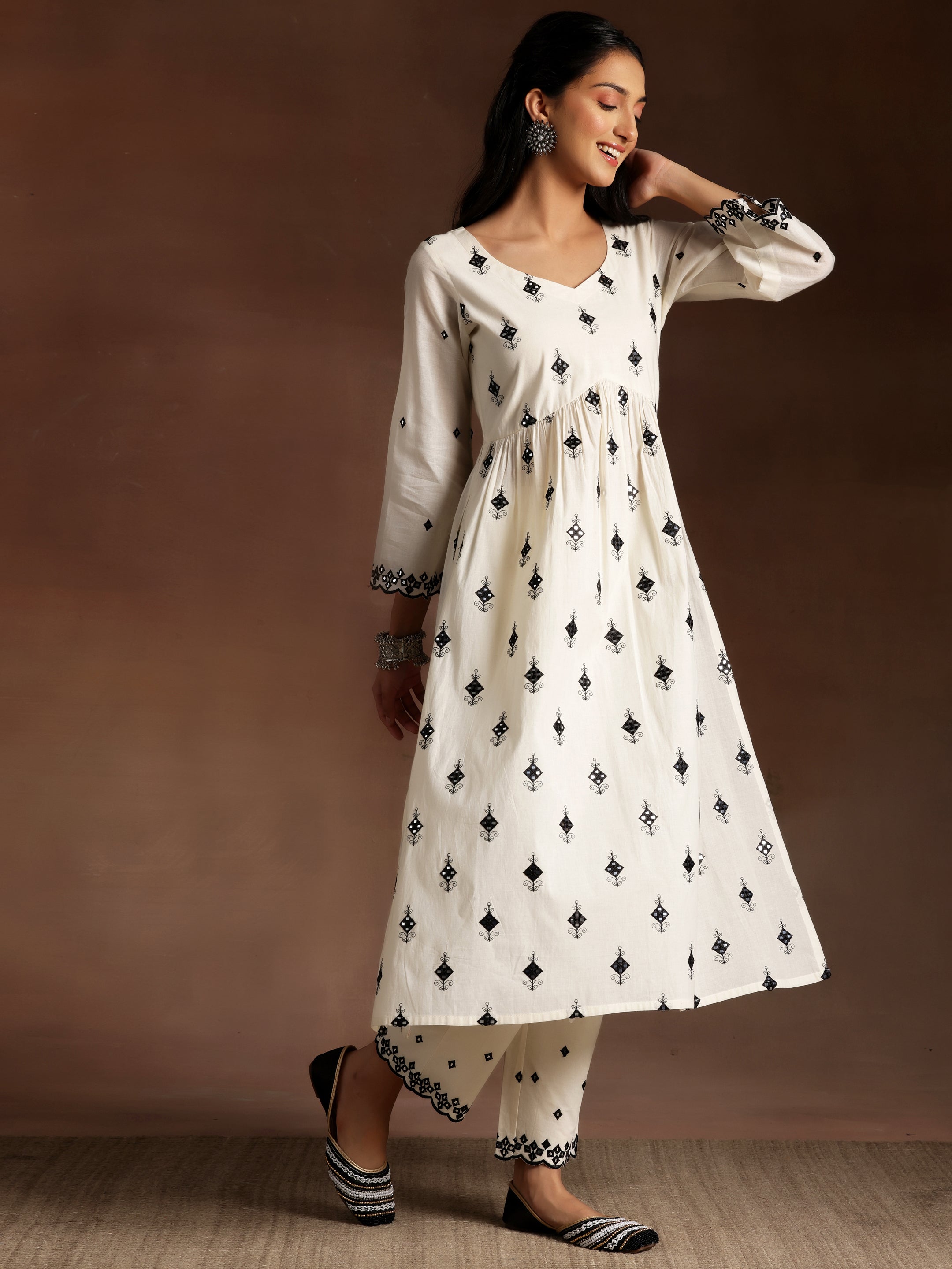 Off White Embroidered Cotton Anarkali Suit With Dupatta