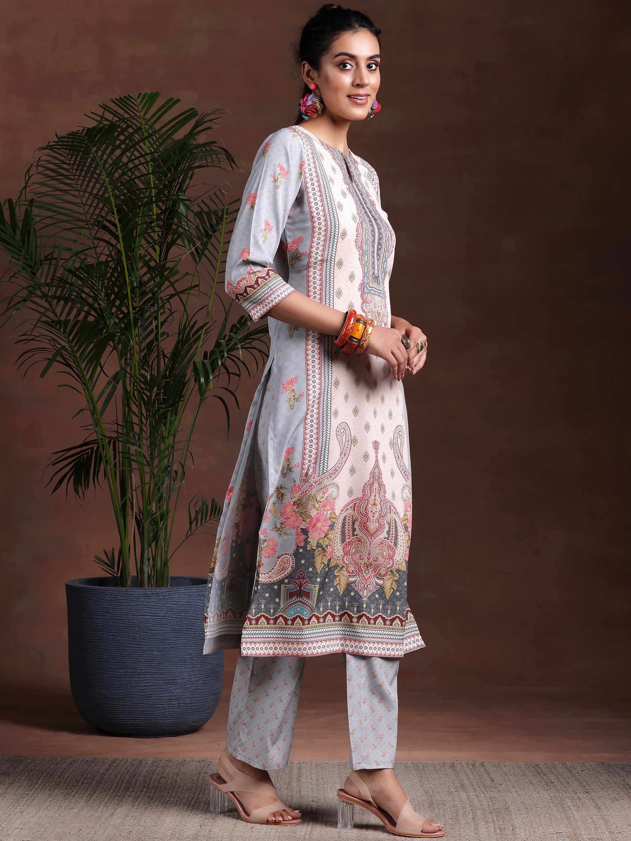 Grey Printed Poly Crepe Straight Suit With Dupatta