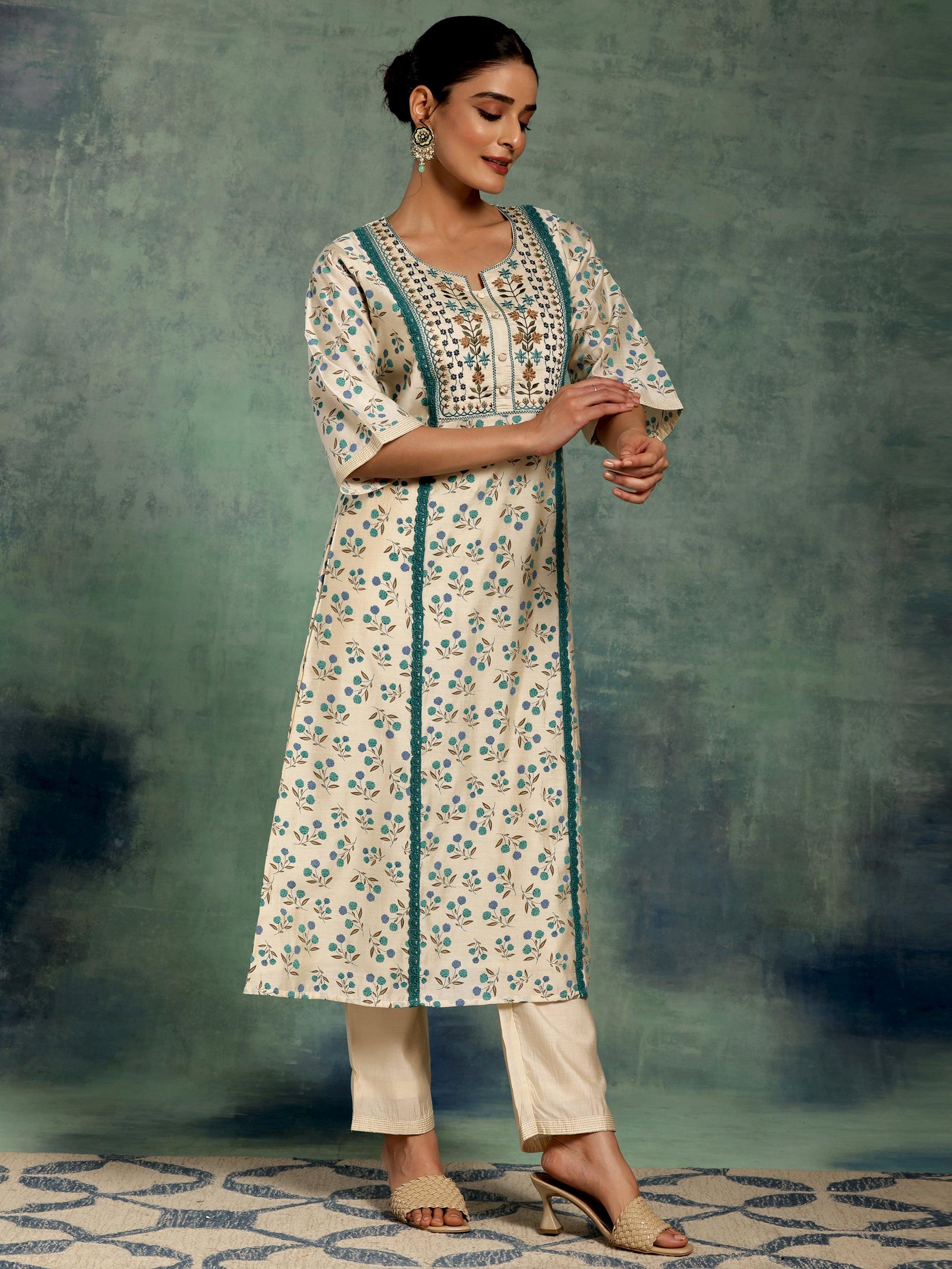 Beige Printed Chanderi Silk A-Line Kurta With Palazzos