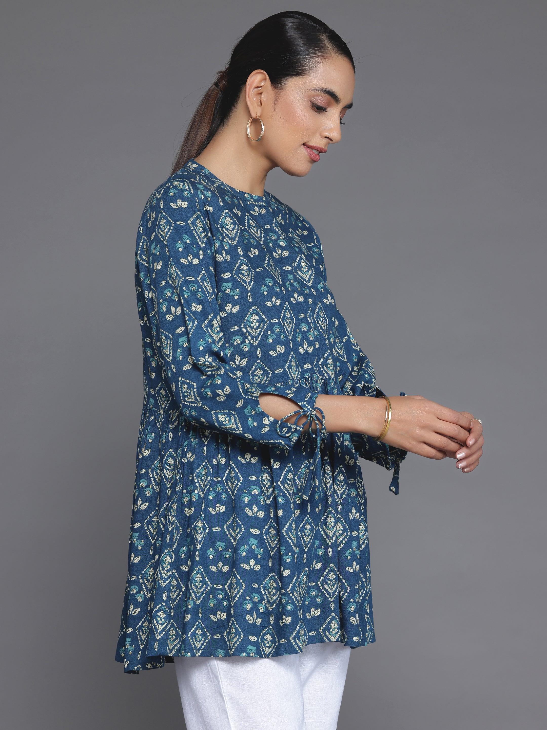 Blue Printed Rayon A-Line Kurti