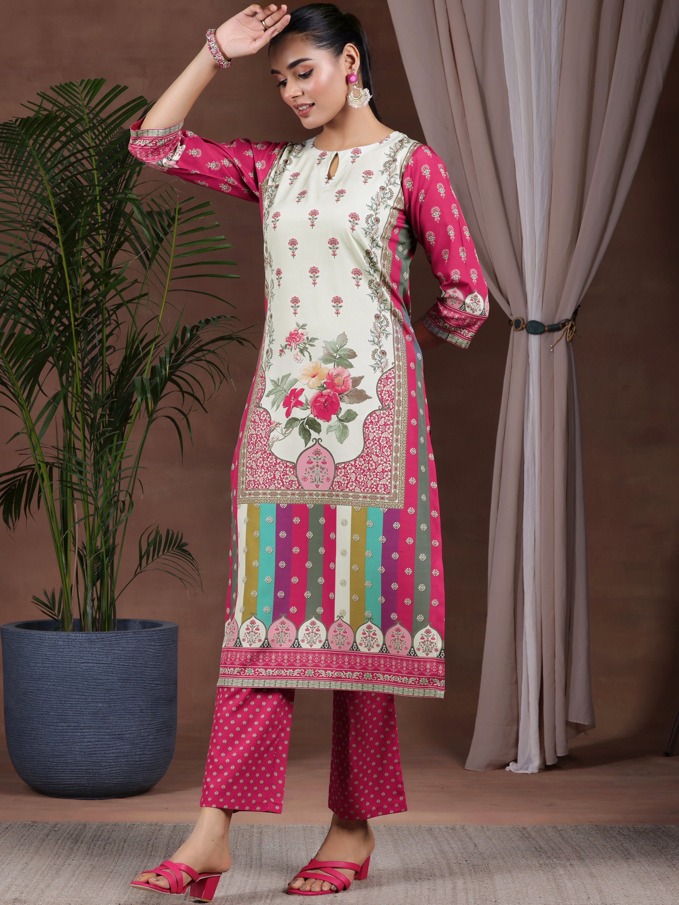 Off White Printed Poly Crepe Straight Suit With Dupatta