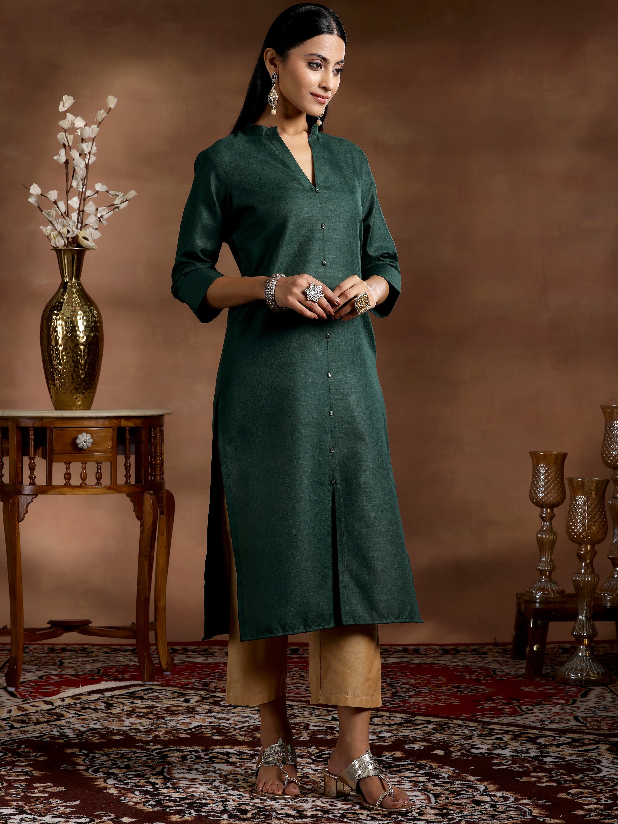 Green Solid Silk Straight Kurta