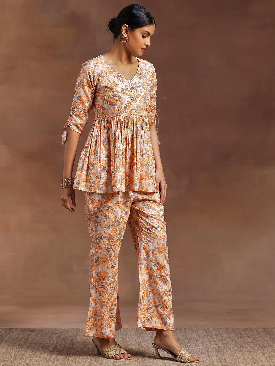 Orange Printed Cotton Blend Co-Ords