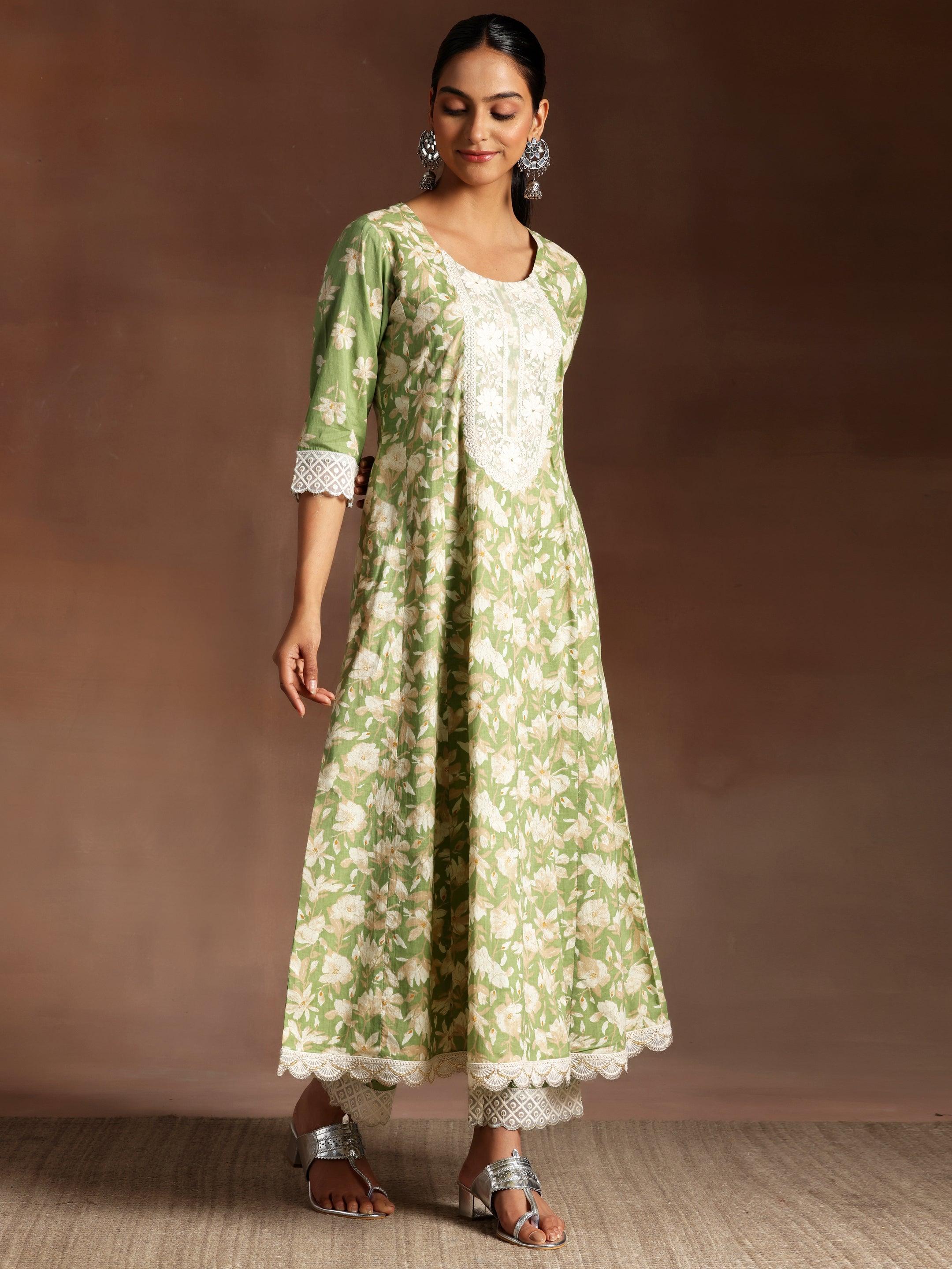 Green Printed Cotton A-Line Kurta With Trousers & Dupatta