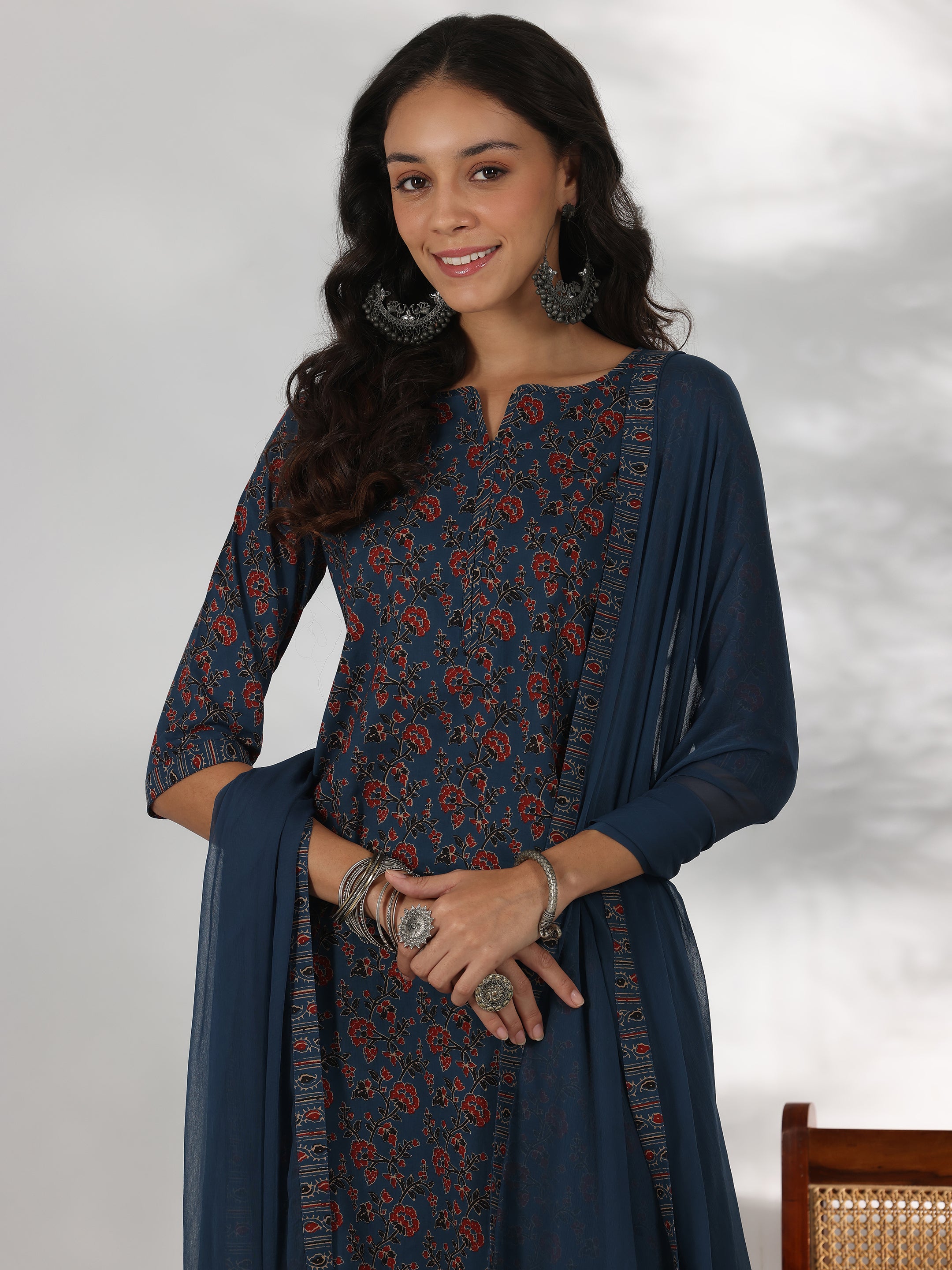 Blue Printed Cotton Straight Suit With Dupatta