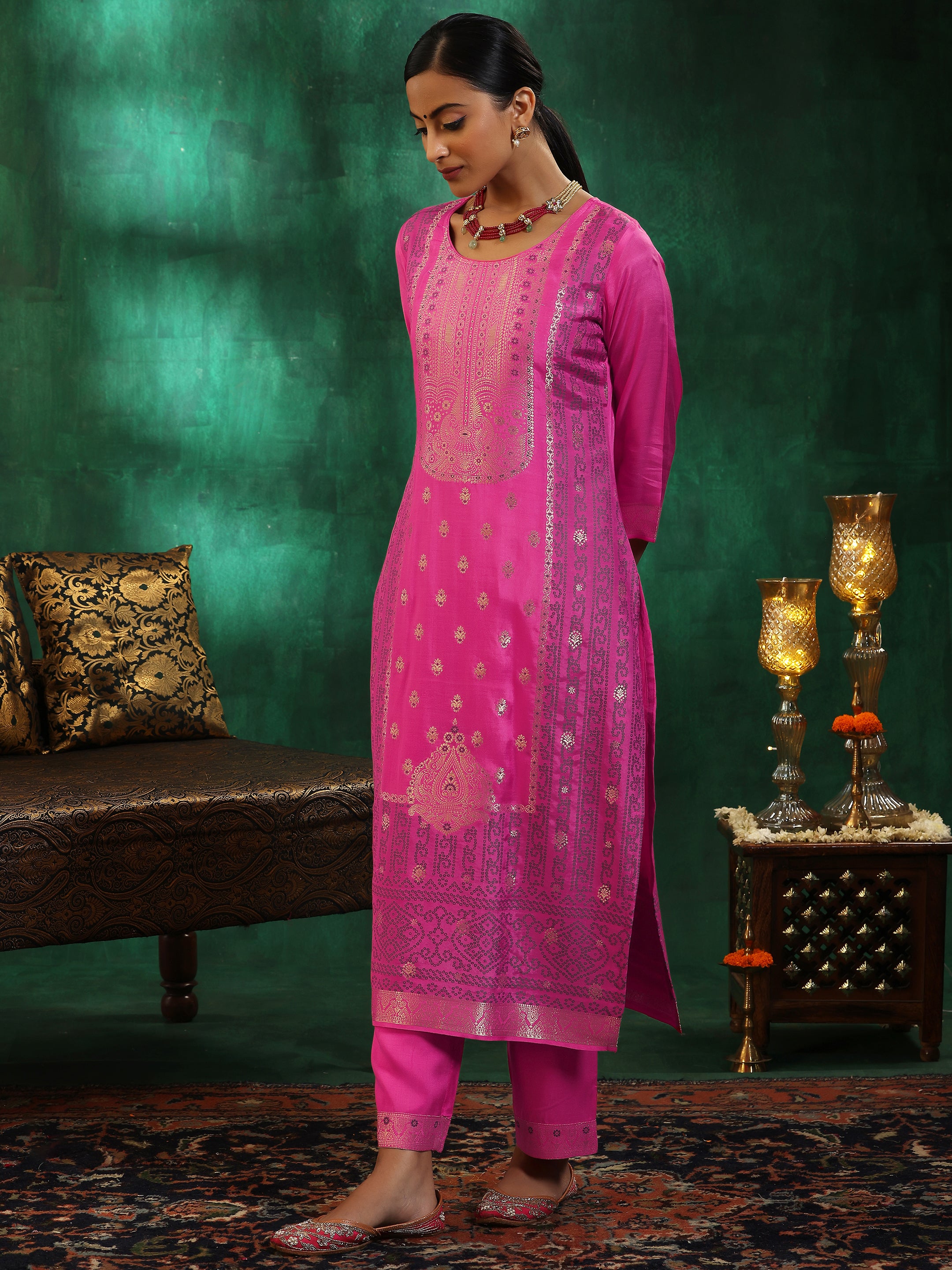 Pink Woven Design Silk Blend Straight Suit With Dupatta