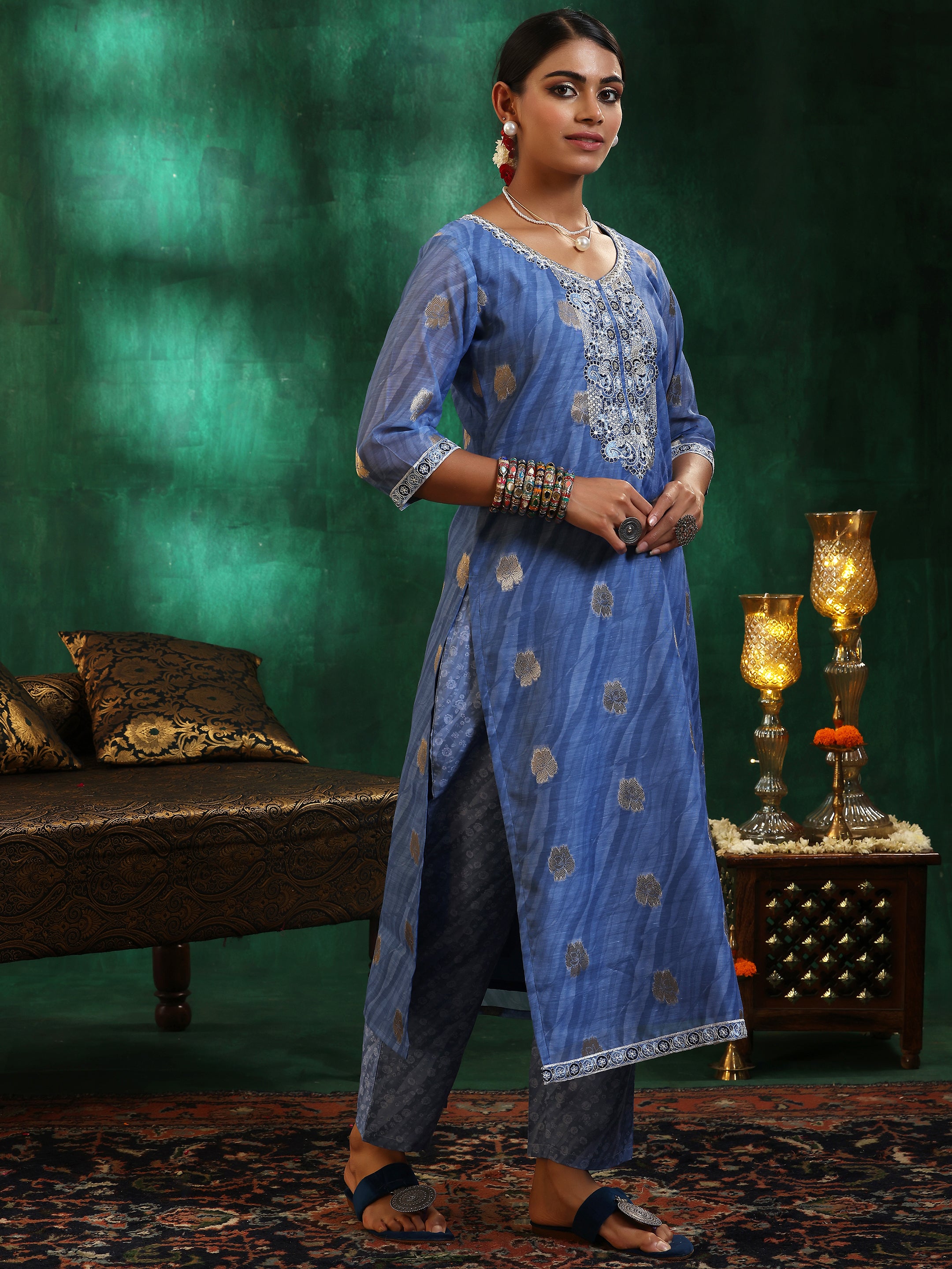 Blue Printed Silk Blend Straight Suit With Dupatta