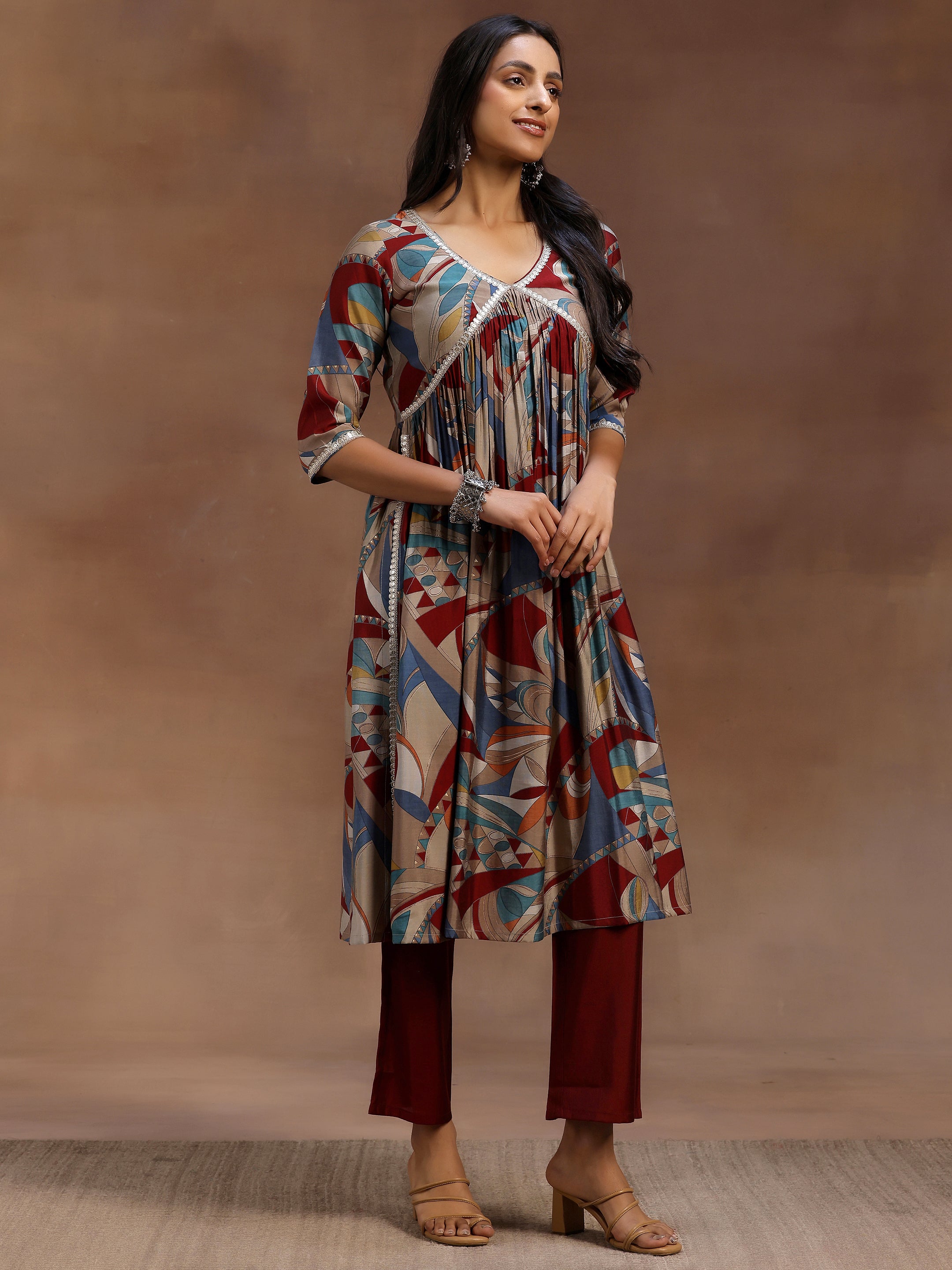 Maroon Printed Silk Blend A-Line Kurta With Trousers & Dupatta