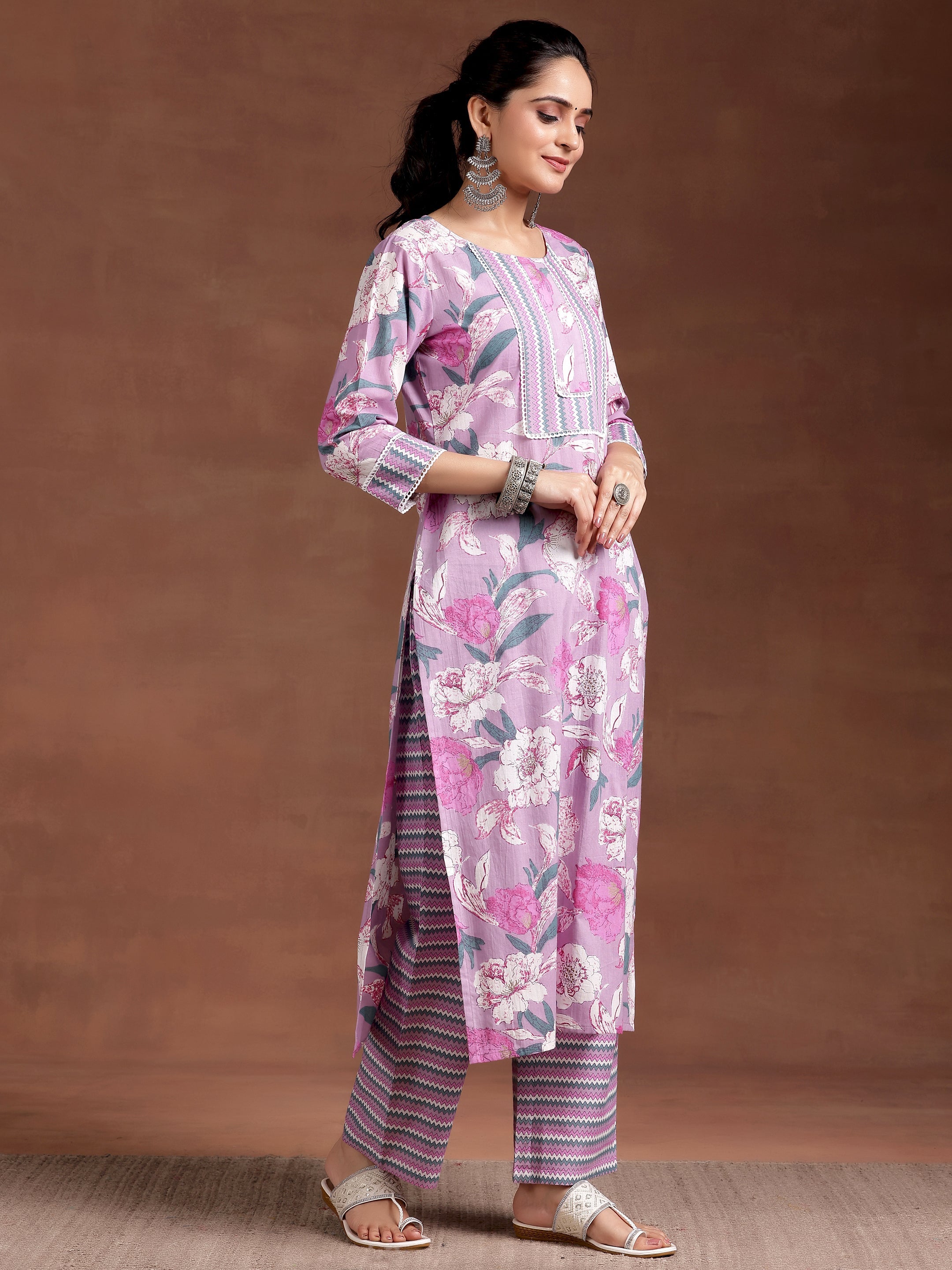 Lavender Printed Cotton Straight Kurta Set