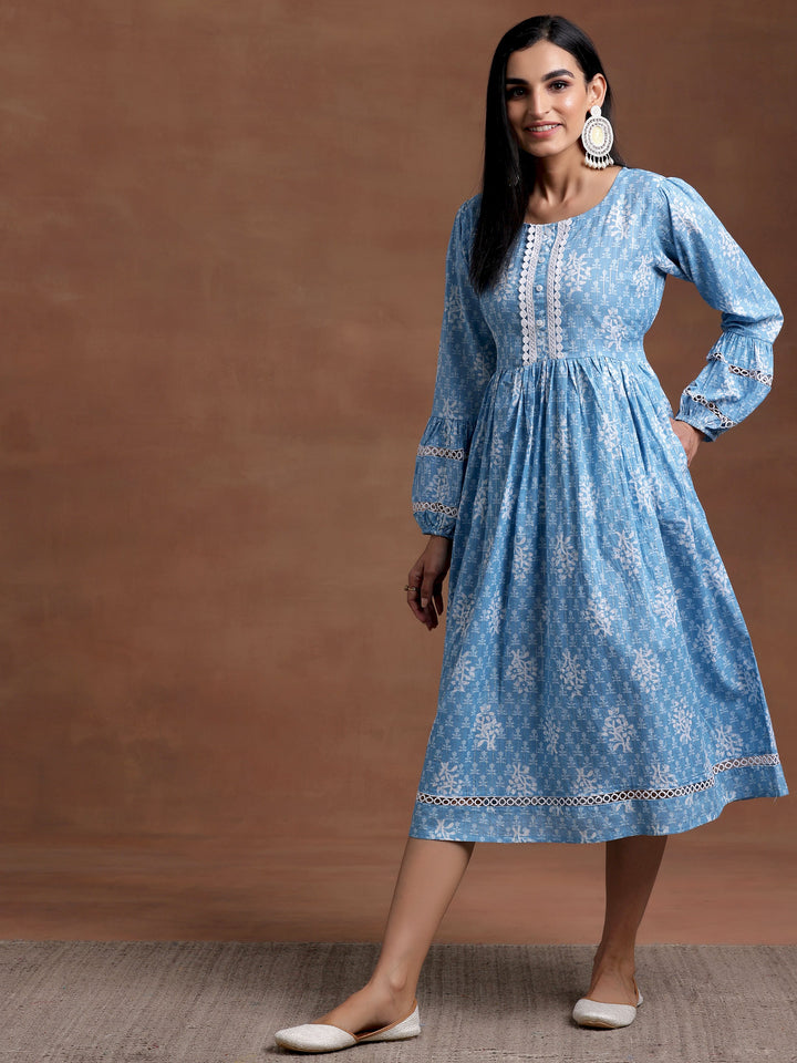 Blue Printed Cotton Fit and Flare Dress