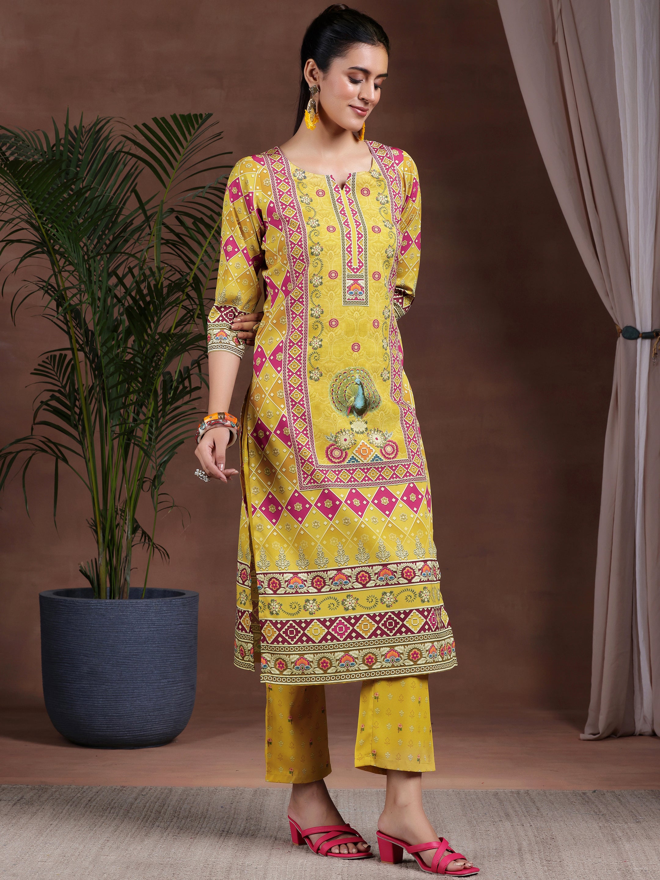 Mustard Printed Poly Crepe Straight Suit With Dupatta