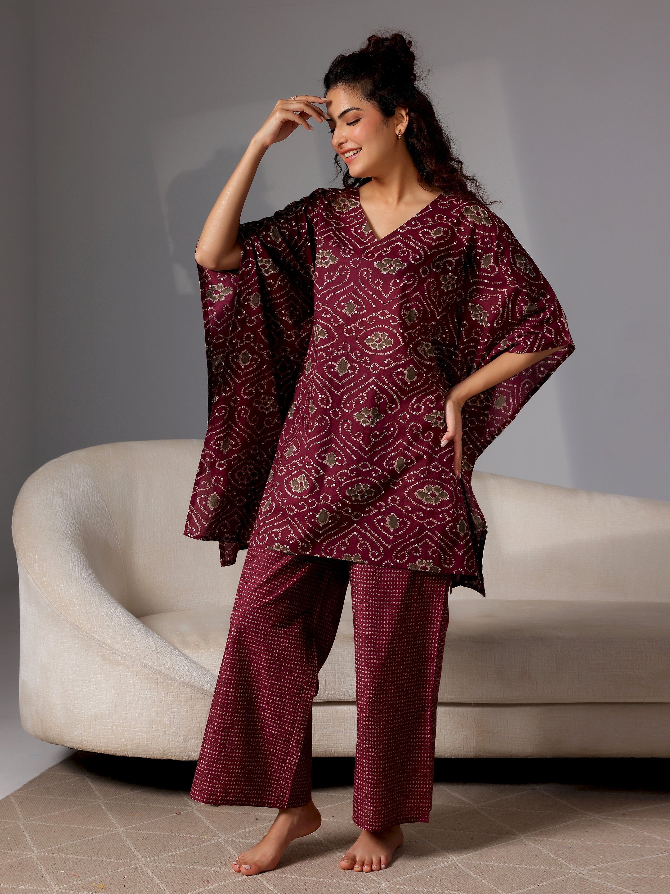 Wine Printed Cotton Night Suits