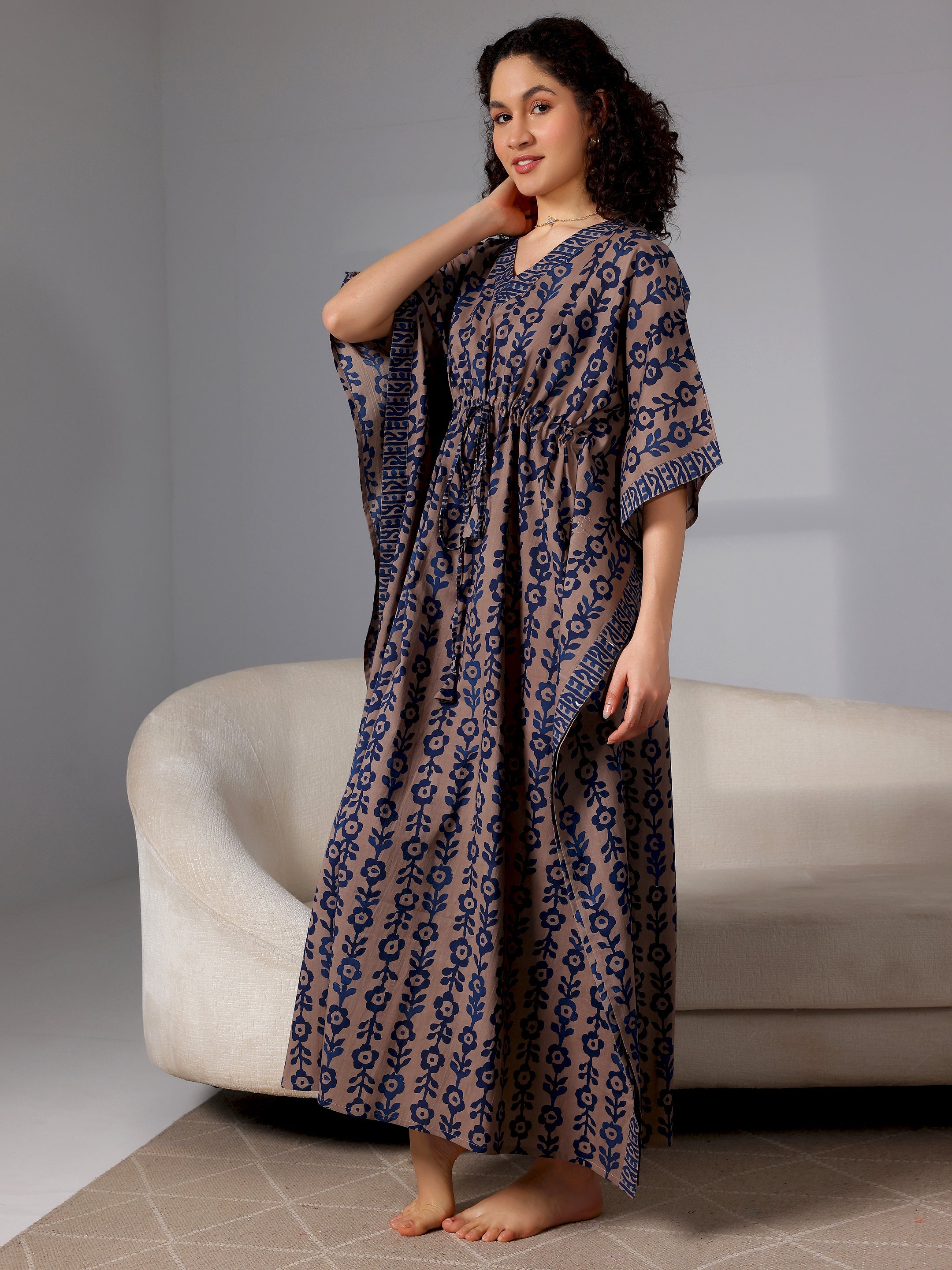 Blue Printed Cotton Kaftan Night Dress