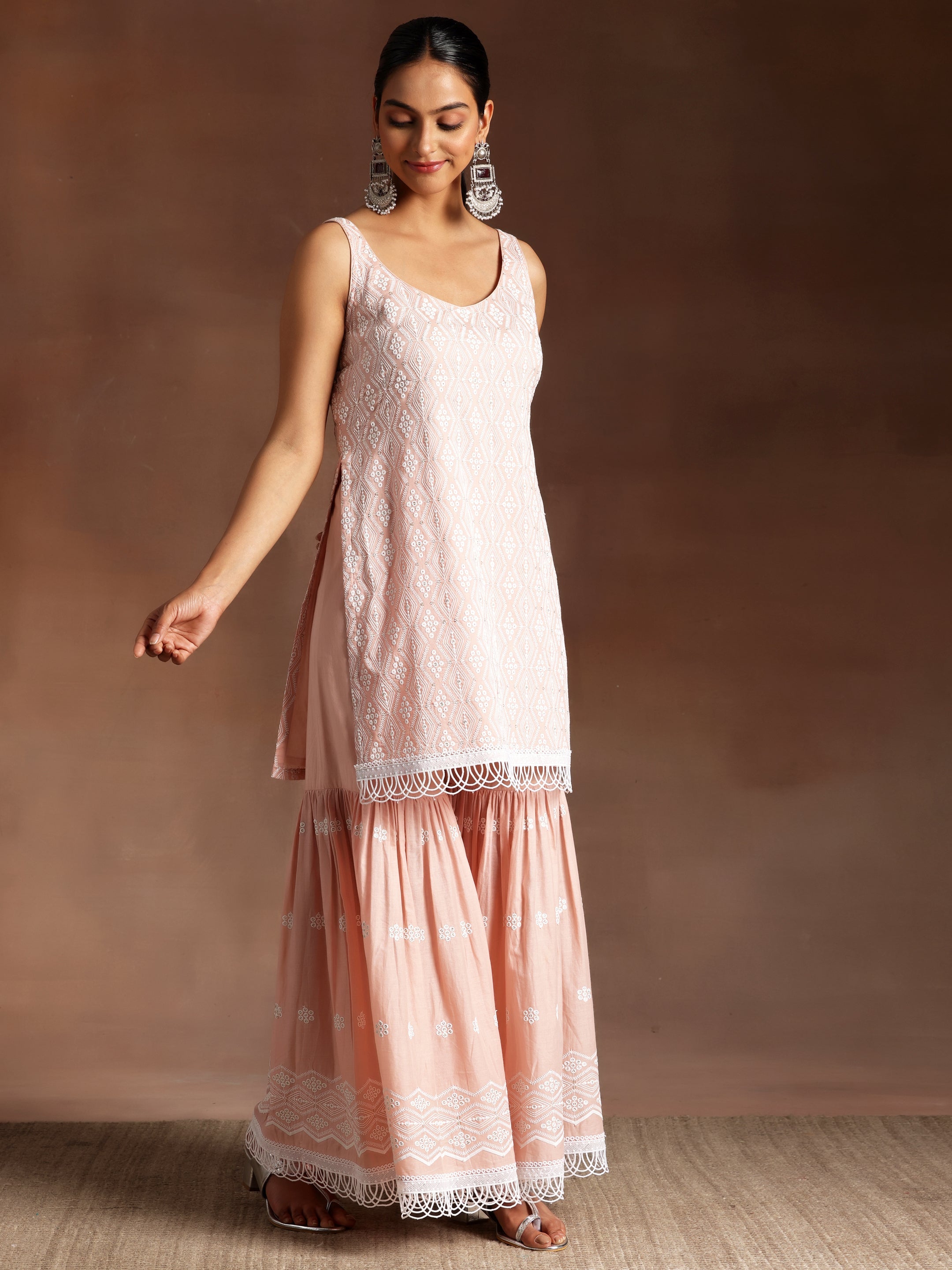 Peach Embroidered Cotton Straight Suit With Dupatta