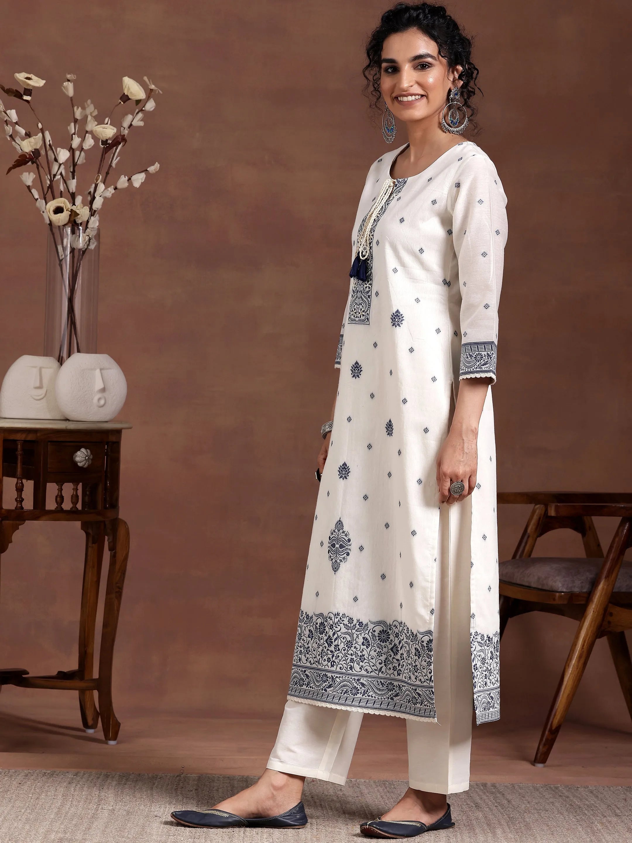 Off White Woven Design Chanderi Silk Straight Suit With Dupatta