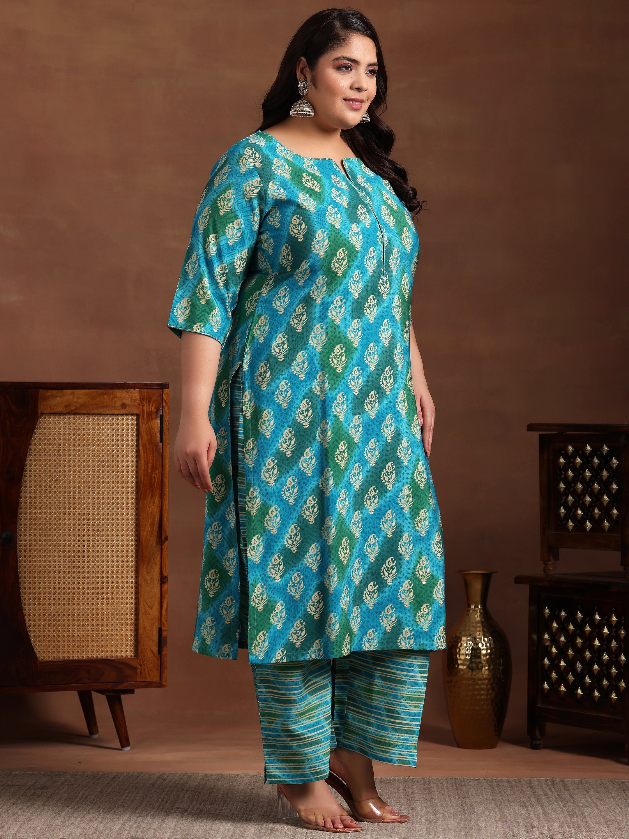 Plus Size Blue Printed Silk Blend Straight Suit With Dupatta